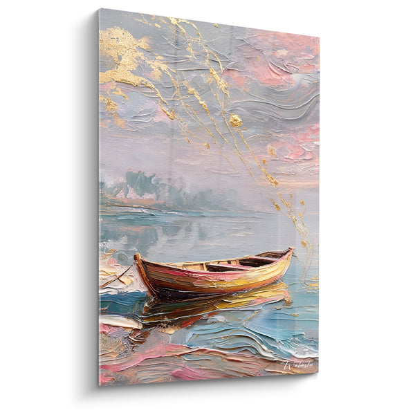 Tableau Barque en bois doré sur eau rosée - Dérive silencieuse - Edition Paysage