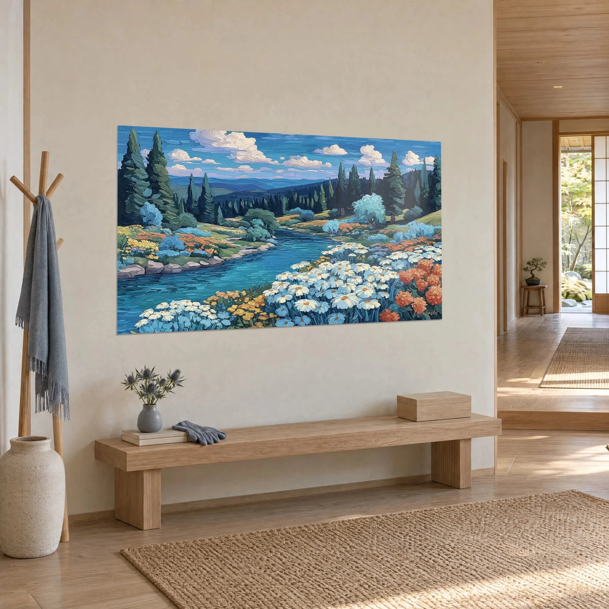 Wall art flowering riverbanks in thick brushstrokes: orange and yellow flowers, pale blue shrubs, bluish hills, three-quarter view in a japandi hallway