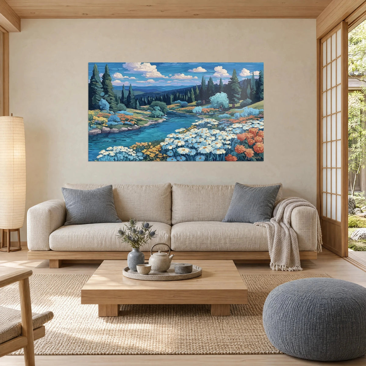 Wall art turquoise river winding between white daisies and dark pines, sky blue dotted with clouds, above a sofa in a bright living room