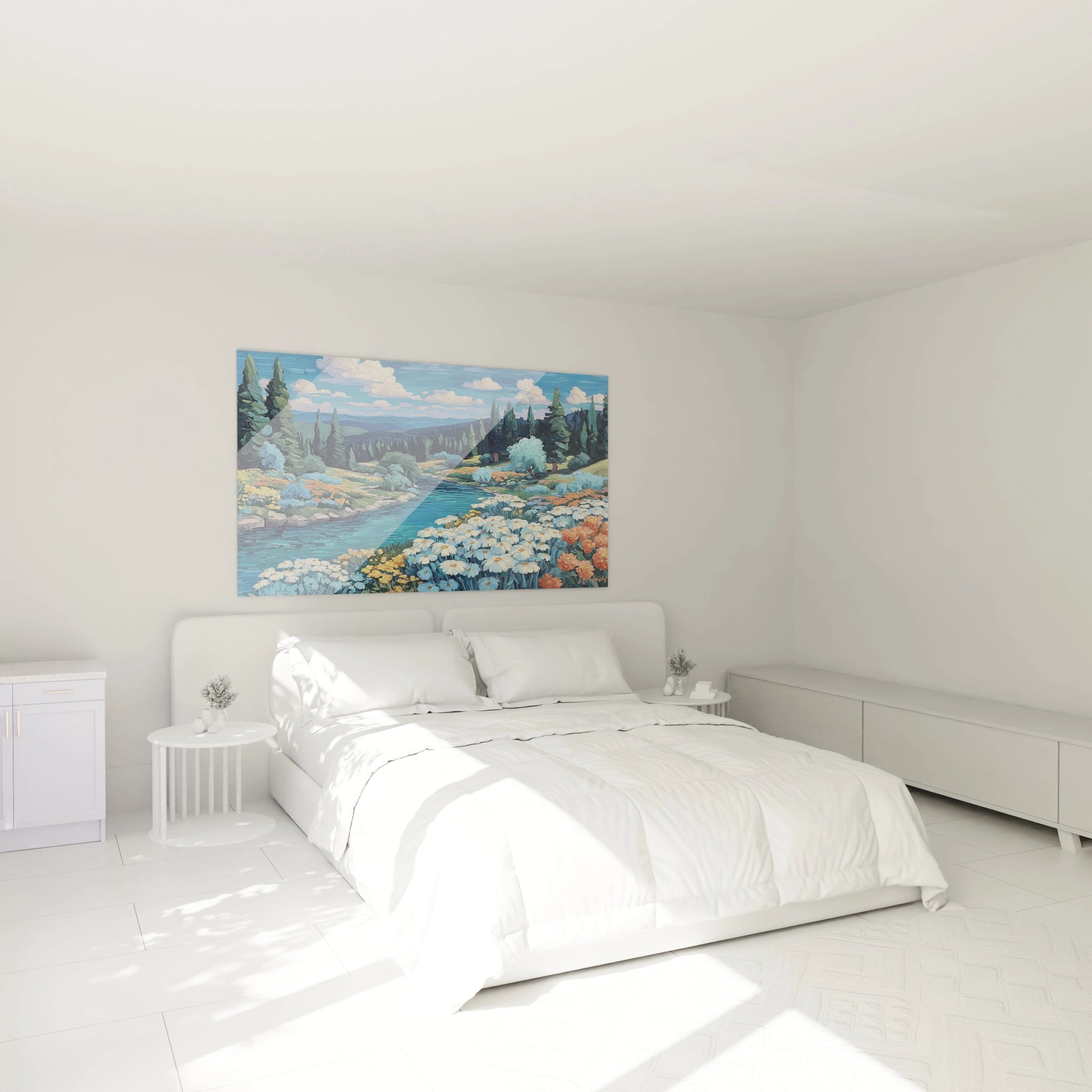 tableau paysage été Walensky tableau mural abstrait coloré au-dessus d'un lit blanc dans une chambre minimaliste