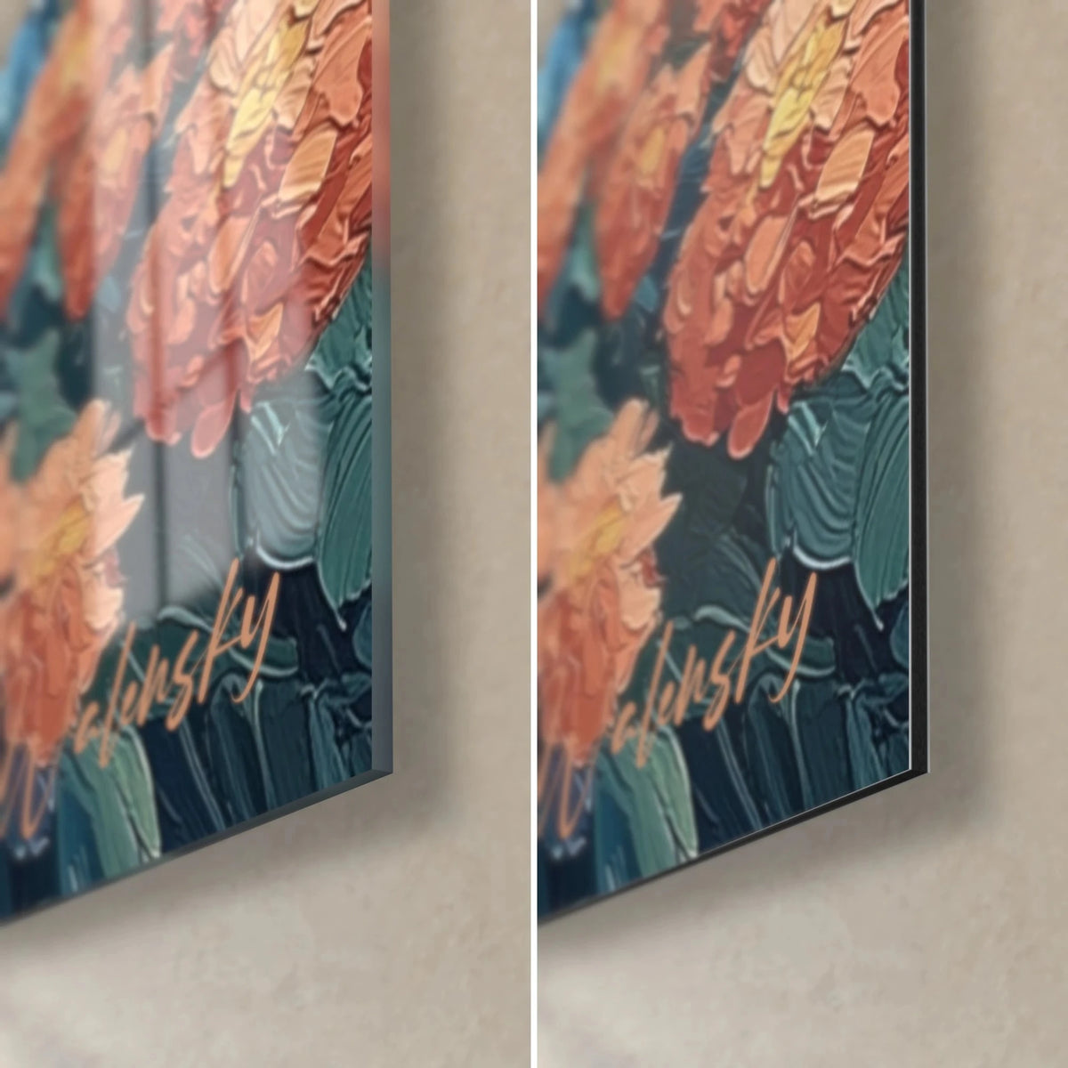 Wall art blue stream and orange flowers, bottom right corner: glossy acrylic glass on the left, matte Dibond aluminium on the right, 3 mm edge