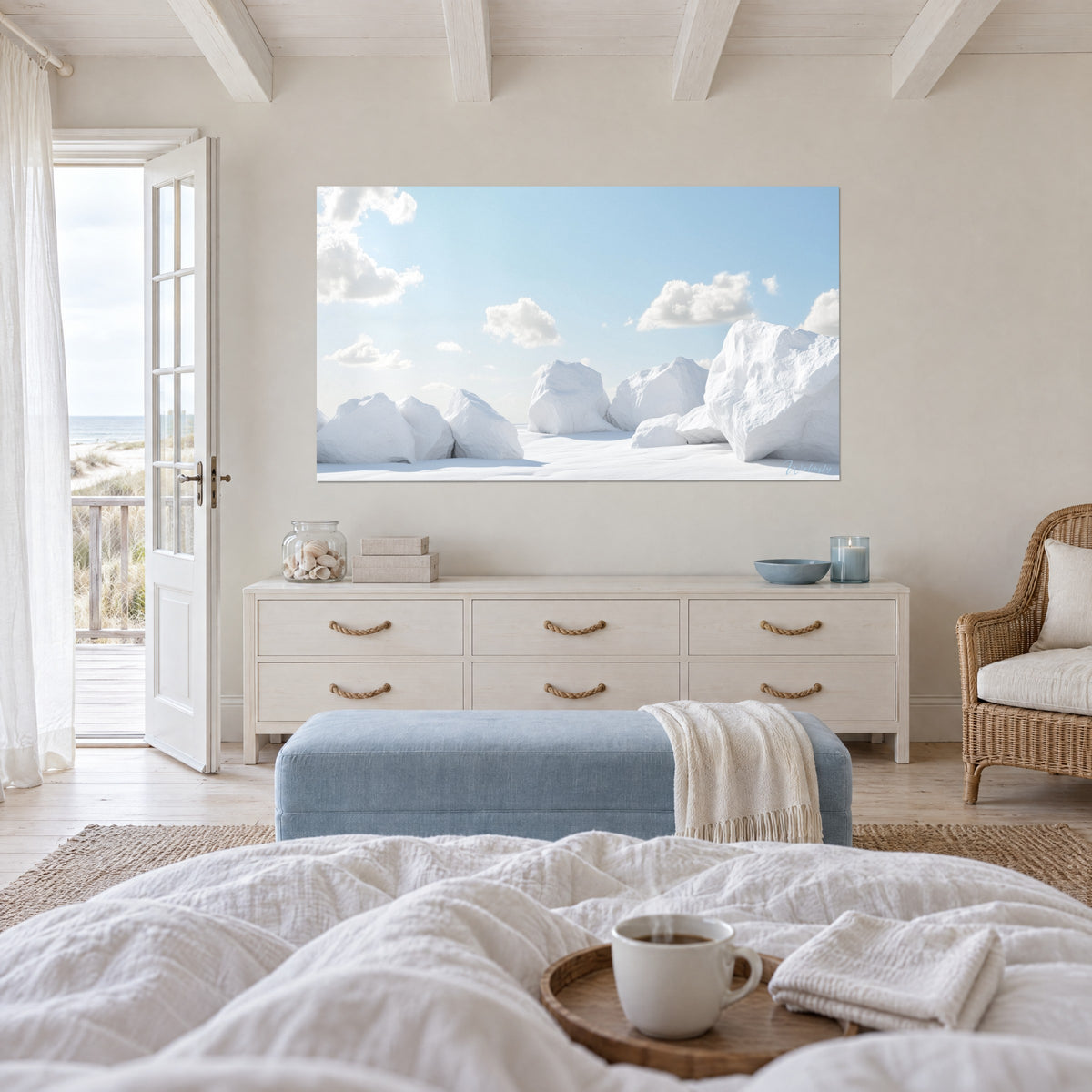 Quadro di paesaggio polare, blocchi bianchi ghiacciati e cielo azzurro tenue, sopra un letto in una camera luminosa