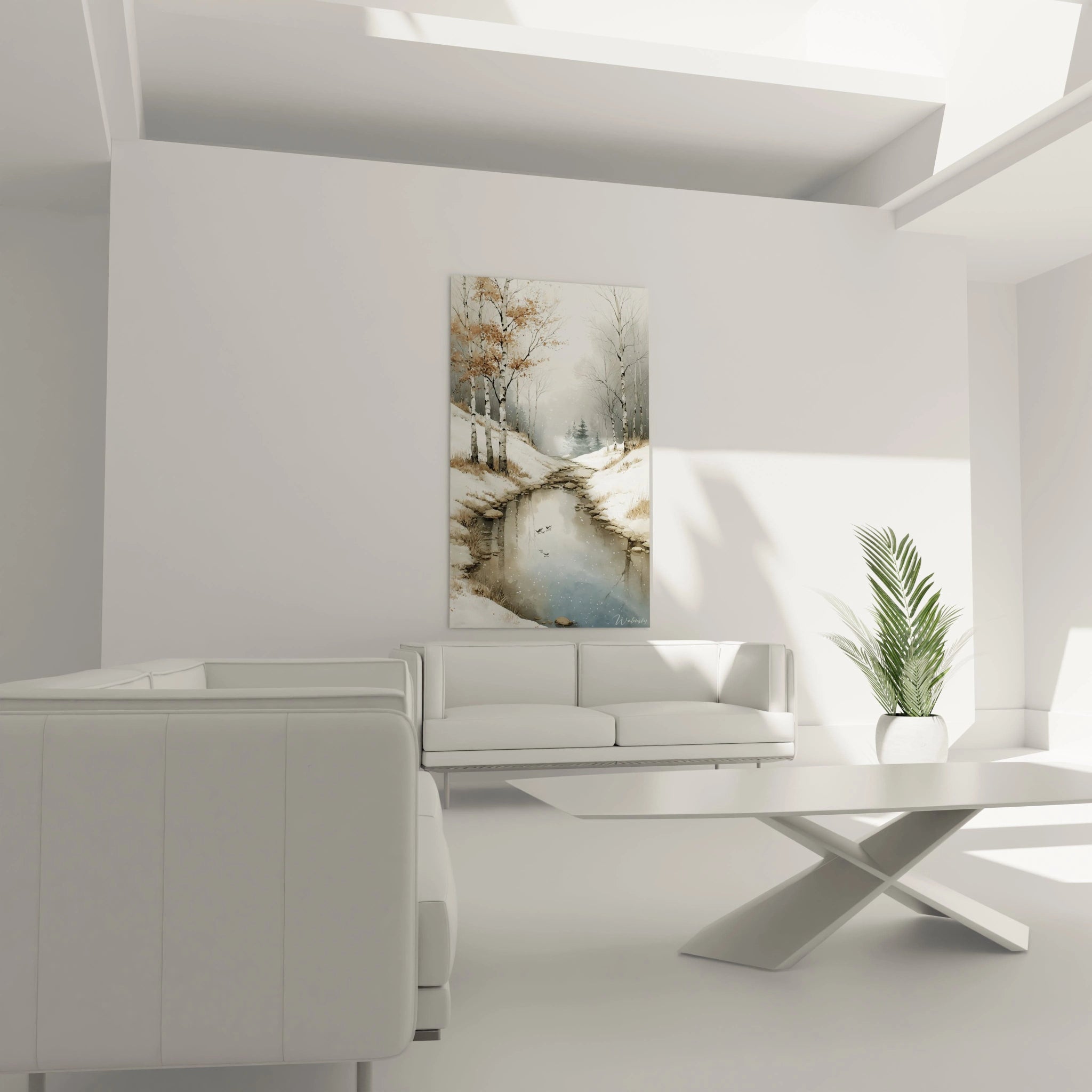 Walensky tableau mural montrant un tableau paysage bouleaux hiver au dessus d un canape blanc dans un salon minimaliste lumineux