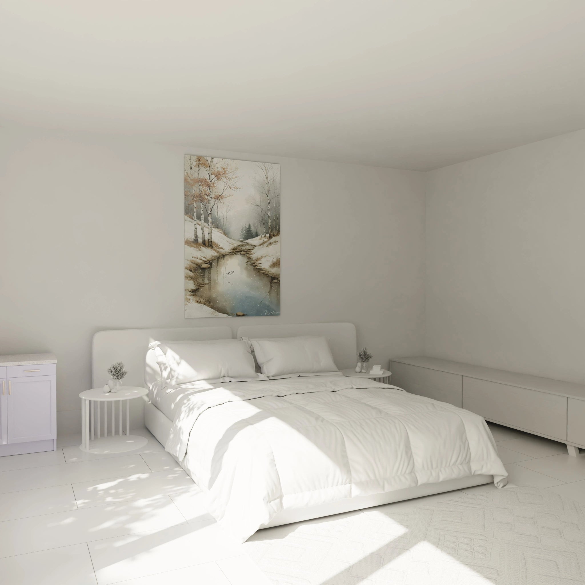 Tableau mural Walensky tableau paysage bouleaux hiver accroche au dessus d un lit blanc dans une chambre minimaliste