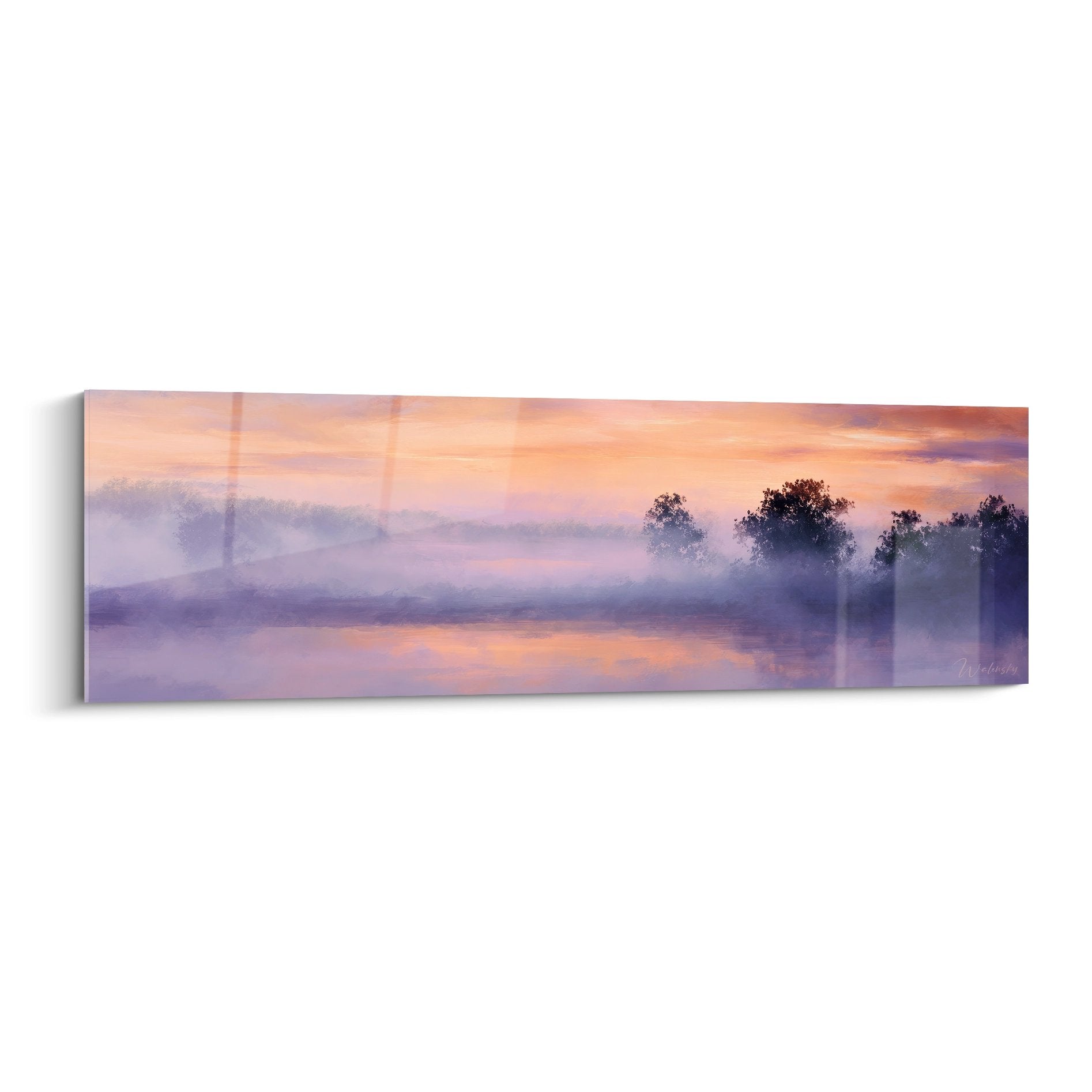 Tableau paysage campagne brumeux coucher soleil tons orangés violets arbres silhouettes eau reflets décoration murale