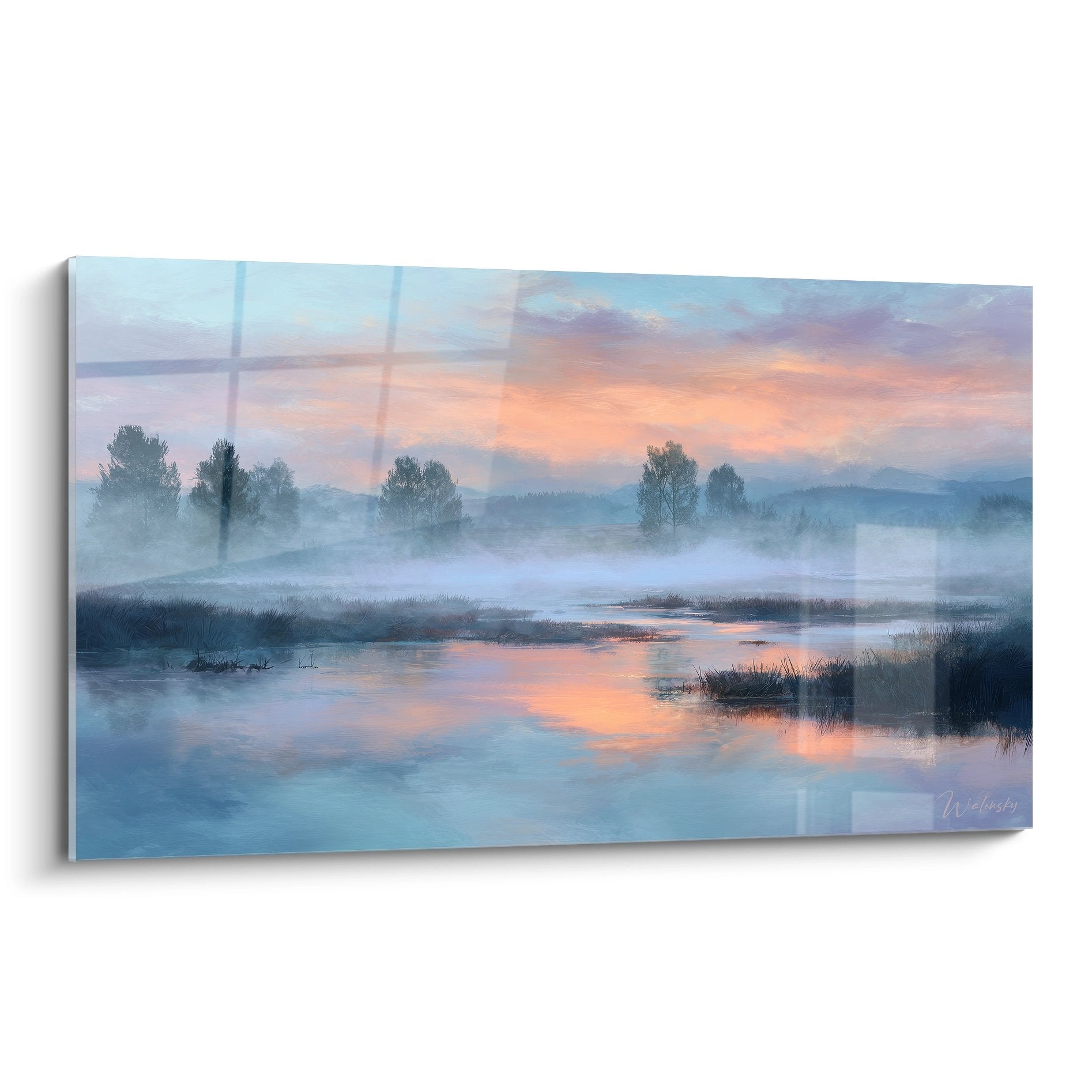 Tableau paysage brumeux coucher soleil reflets dorés eau décoration campagne