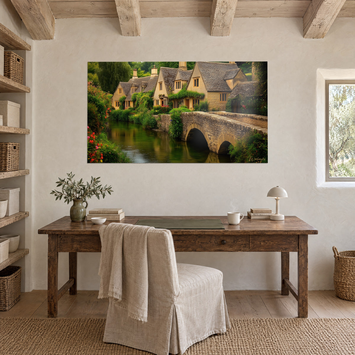 Wall art moss-covered stone arch and still river, golden cottages, emerald foliage, hung above a wooden desk