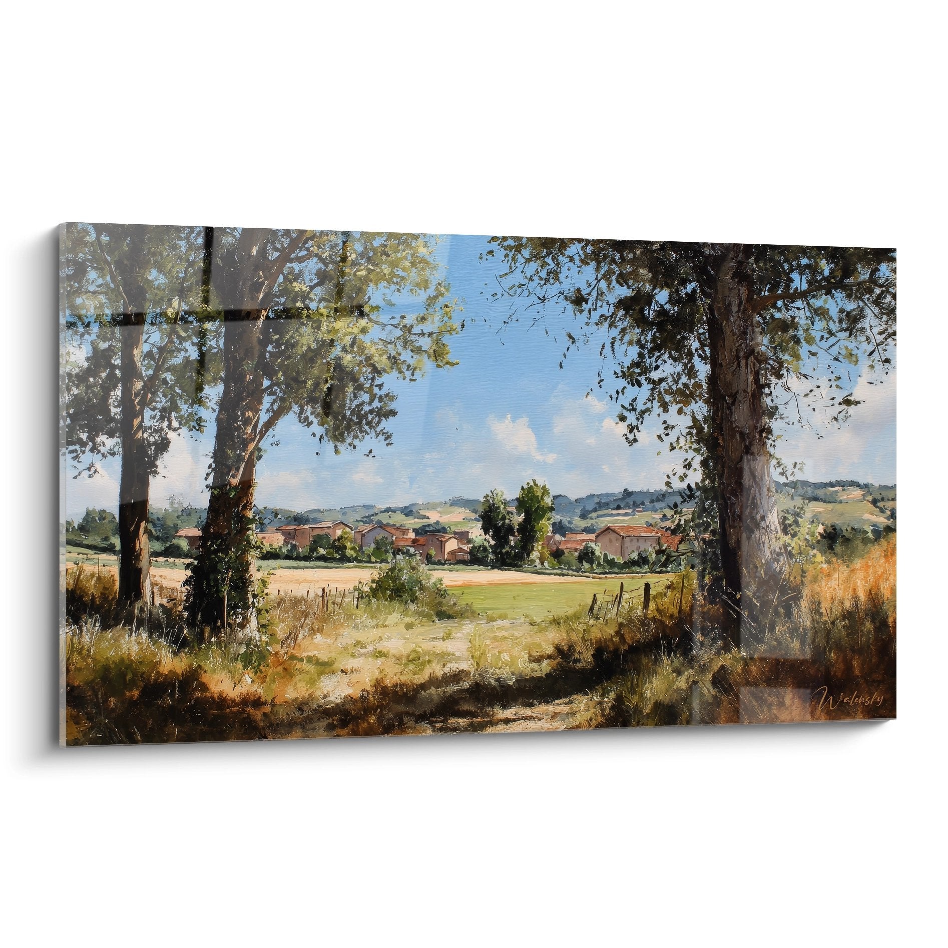 Tableau paysage campagnard village sous arbres, décoration murale style rural authentique