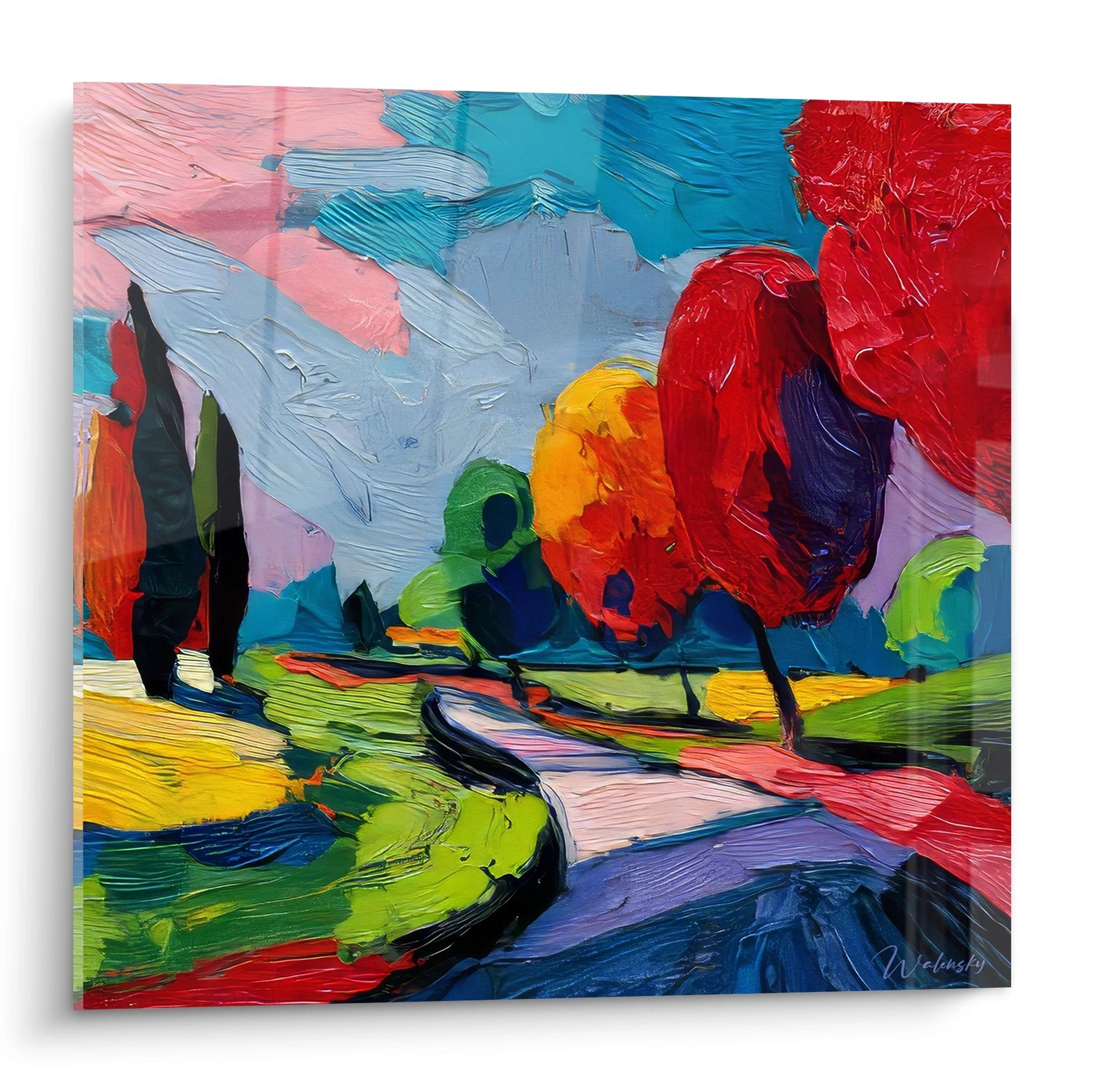 Tableau paysage campagne coloré avec chemin rural et cyprès, style impressionniste moderne aux couleurs vives