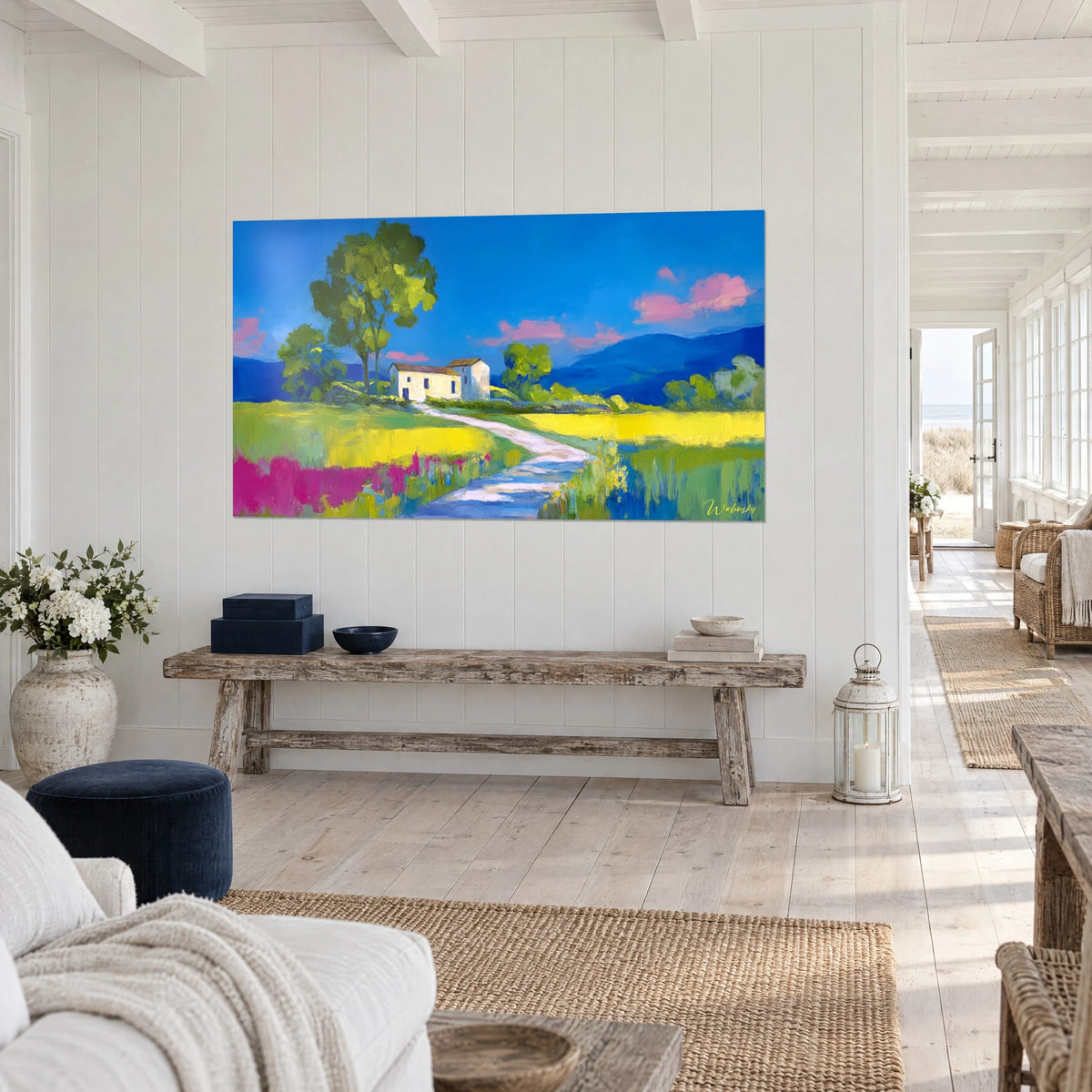Schilderij bleu pad dat naar een wit gebouw kronkelt, indigoblauwe heuvels en citroengele velden, in een kustinterieur