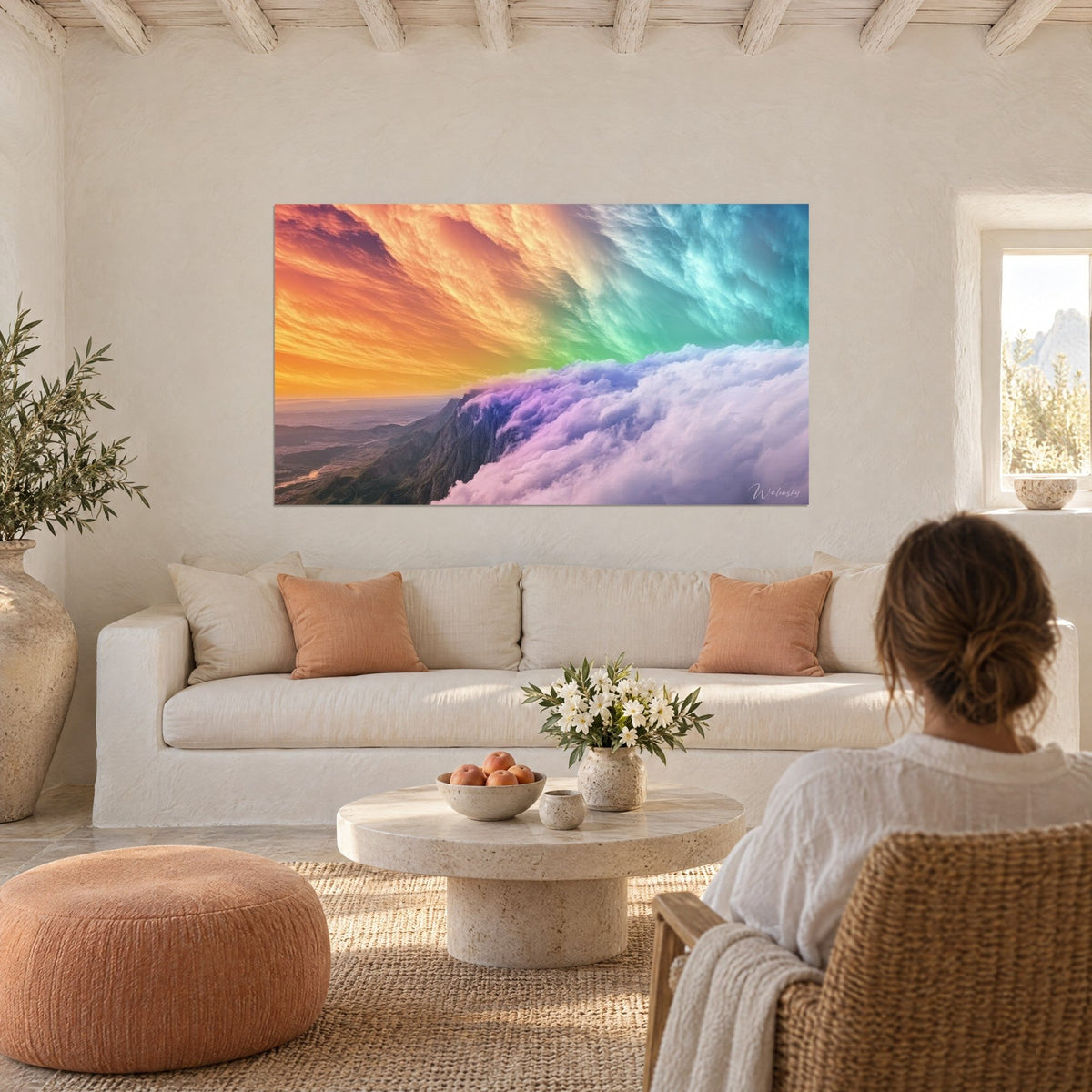Quadro cielo in fiamme arancio e turchese su una cresta rocciosa immersa in nuvole lilla, sopra un divano in un soggiorno luminoso