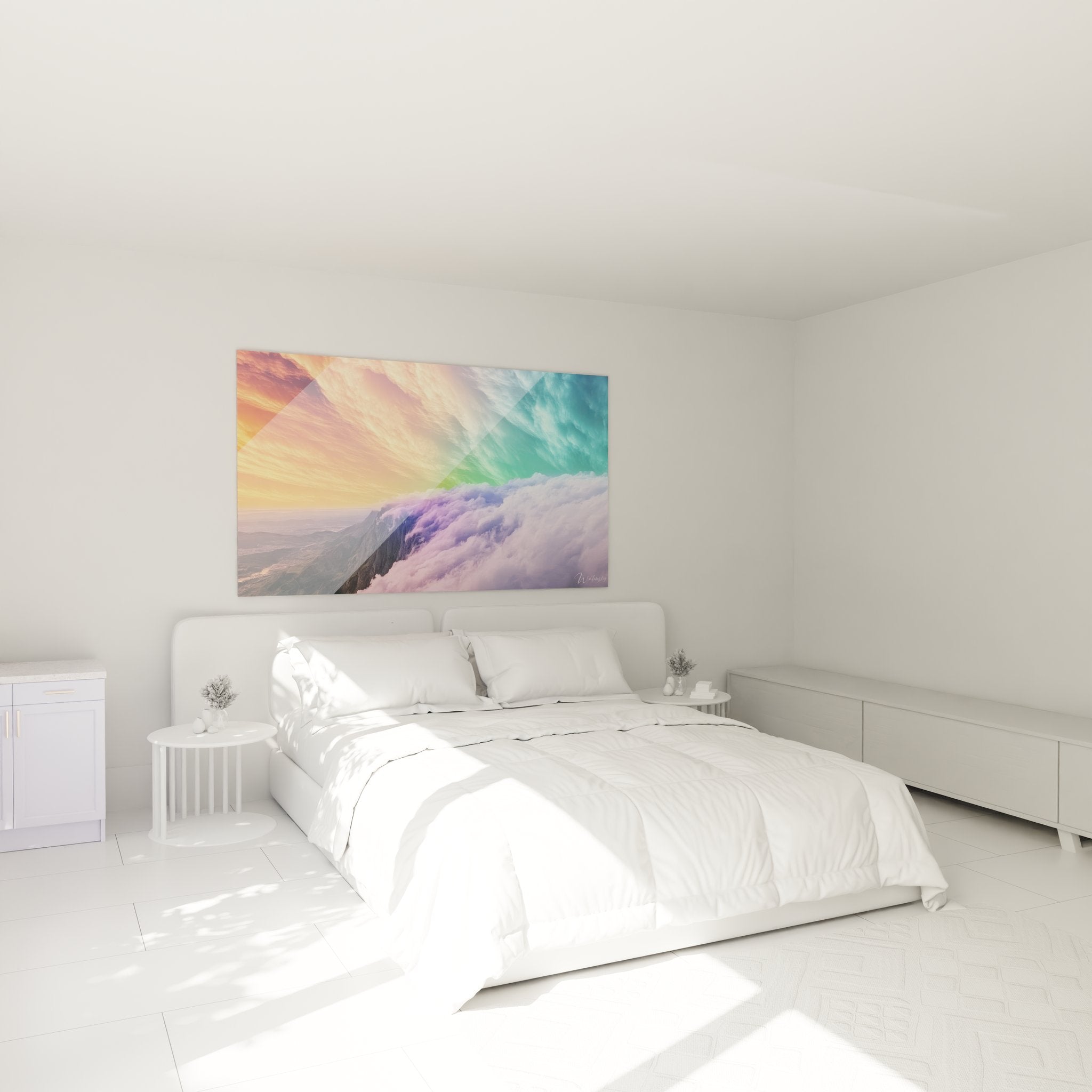 Tableau paysage céleste arc-en-ciel installé dans chambre moderne, décoration murale artistique colorée