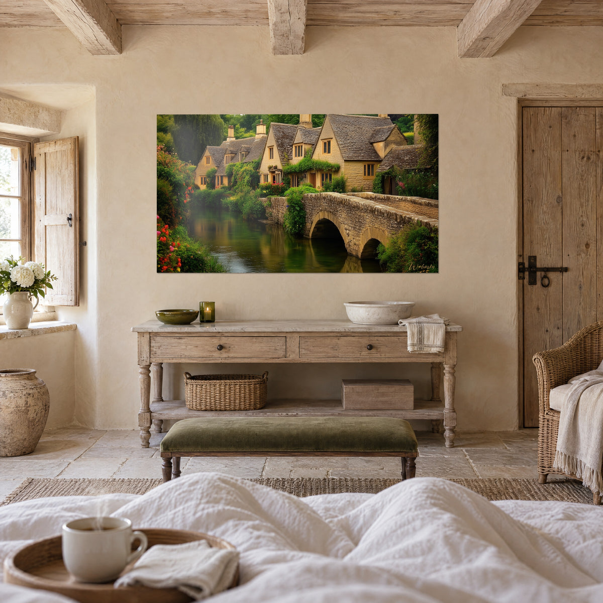 Wall art hamlet of golden stone reflected in dark green water, orange and red flowers, above a bed in a bright bedroom