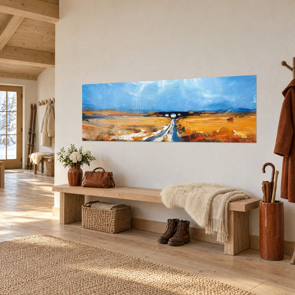 Tableau route blanche sinueuse vers une arche sombre, ciel azur et champs orangés, entrée en bois clair