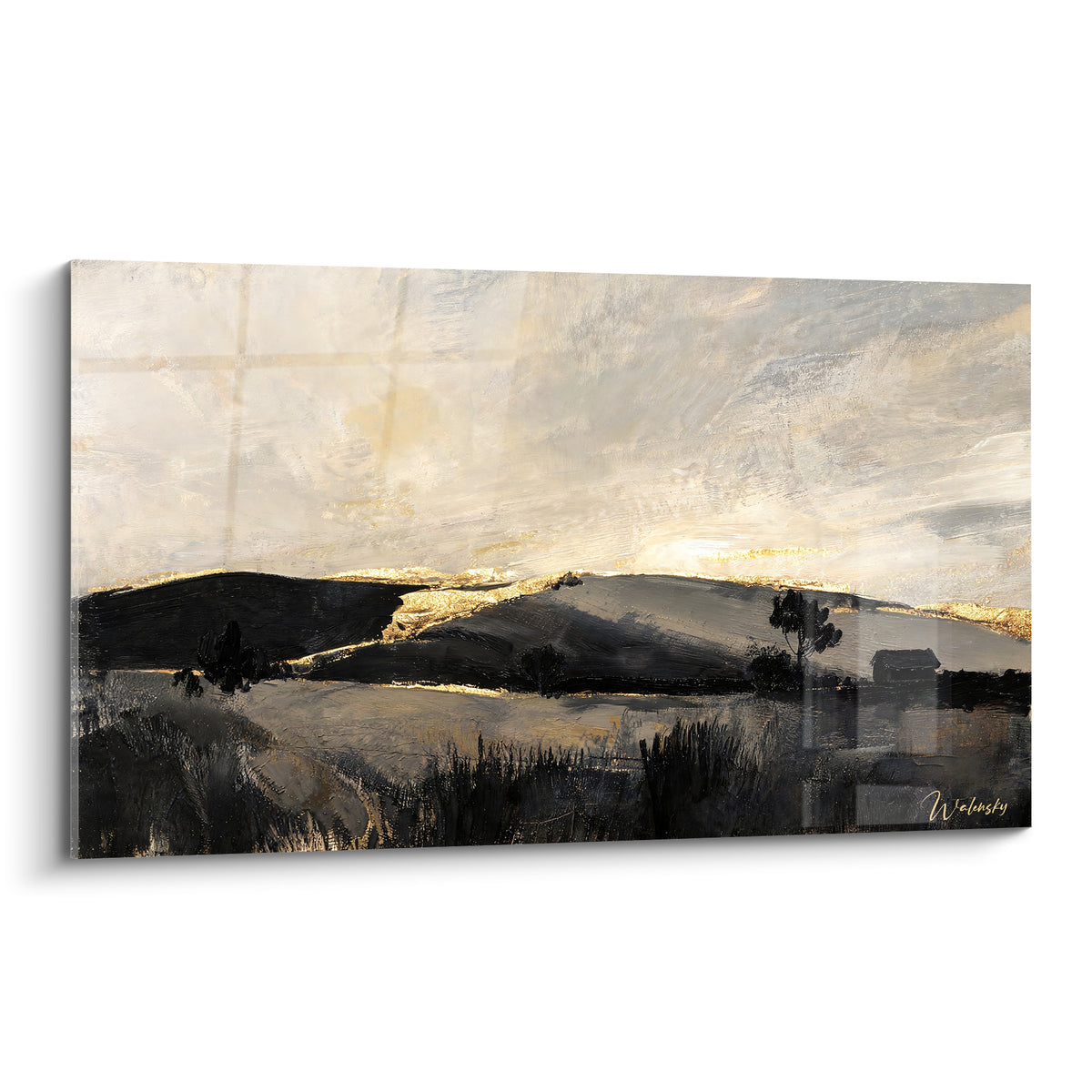Gemälde einer anthrazitfarbenen und golden schimmernden Hügellandschaft in der Dämmerung, gebrochen weißer Himmel, einsamer Bauernhof am Horizont
