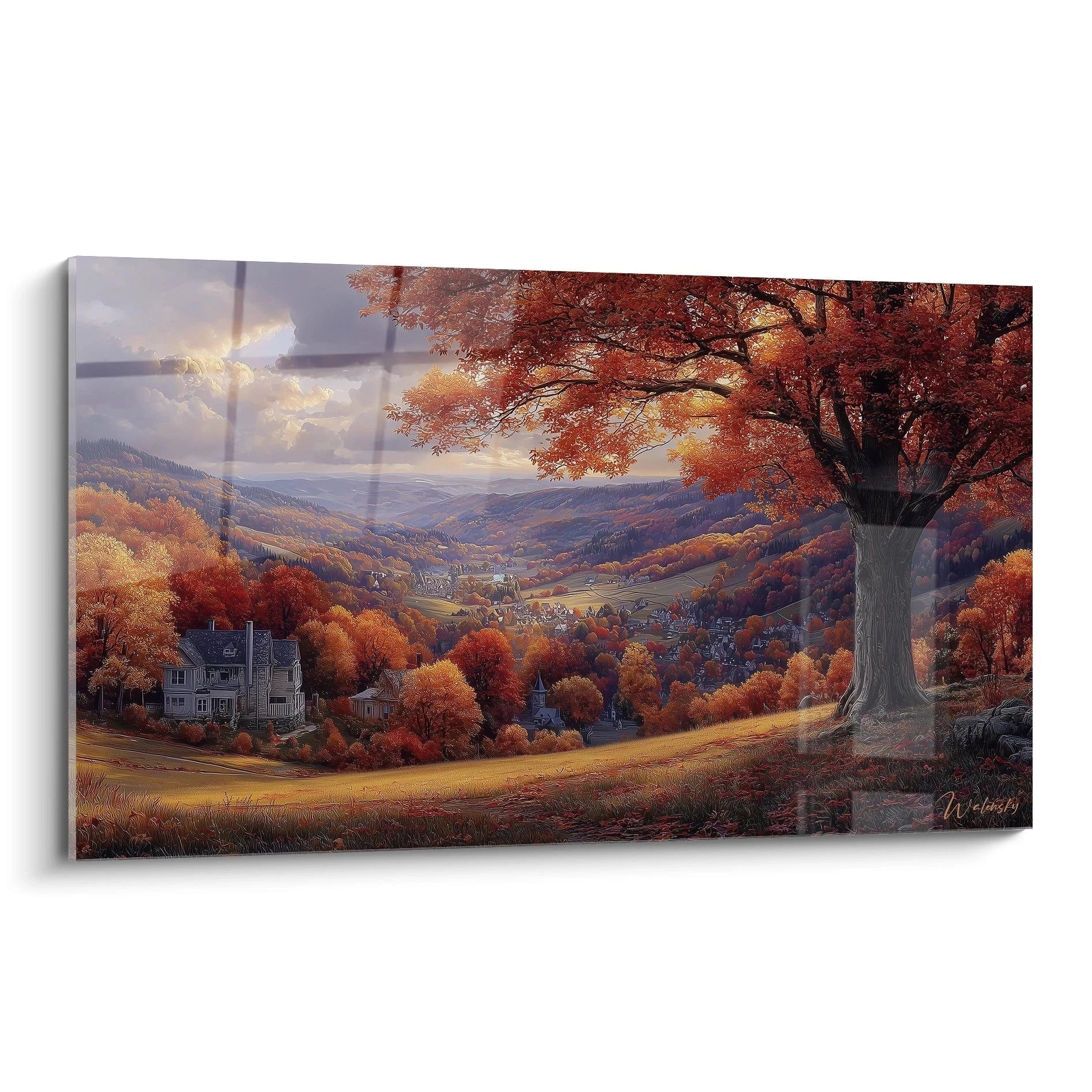 Walensky tableau mural vallée aux collines dorées maison et grand arbre aux feuilles rouges tableau paysage automne salon
