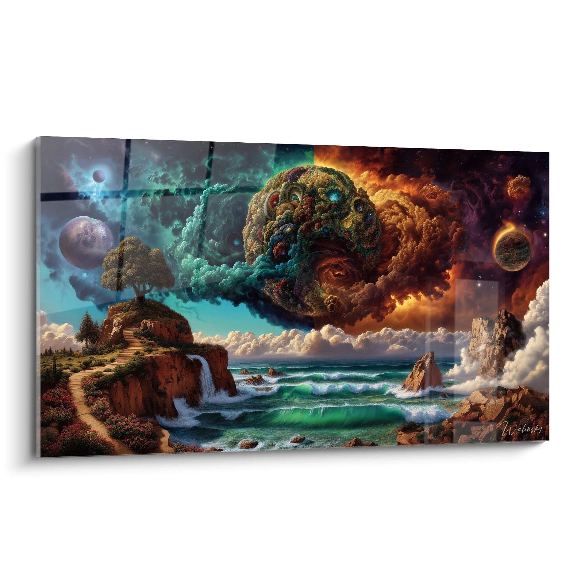 Walensky tableau surréaliste paysage cosmique mural montrant falaises, mer agitée, nuages planétaires et arbre solitaire
