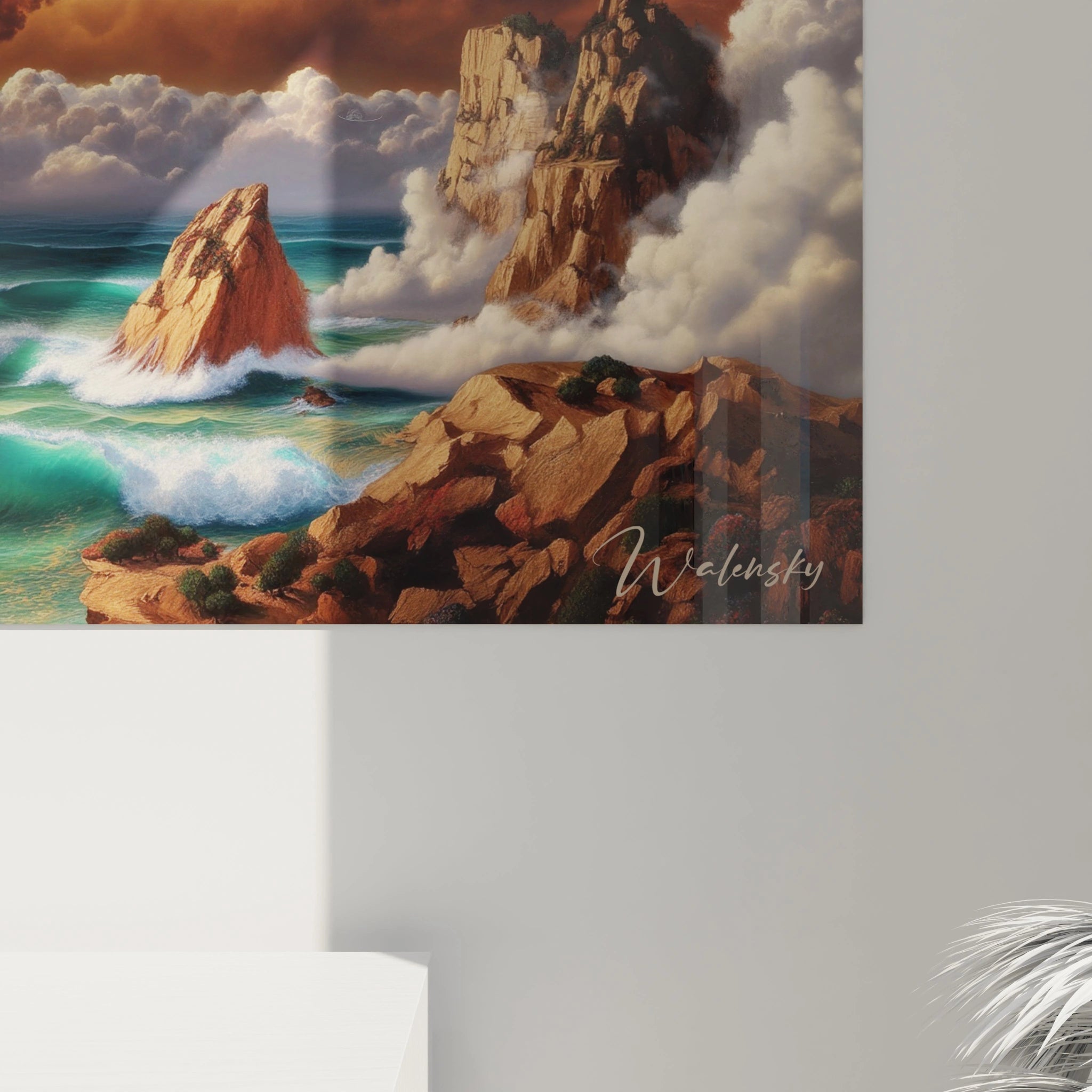 Tableau mural Walensky montrant un tableau surréaliste paysage cosmique rocheux avec vagues et nuages dramatiques