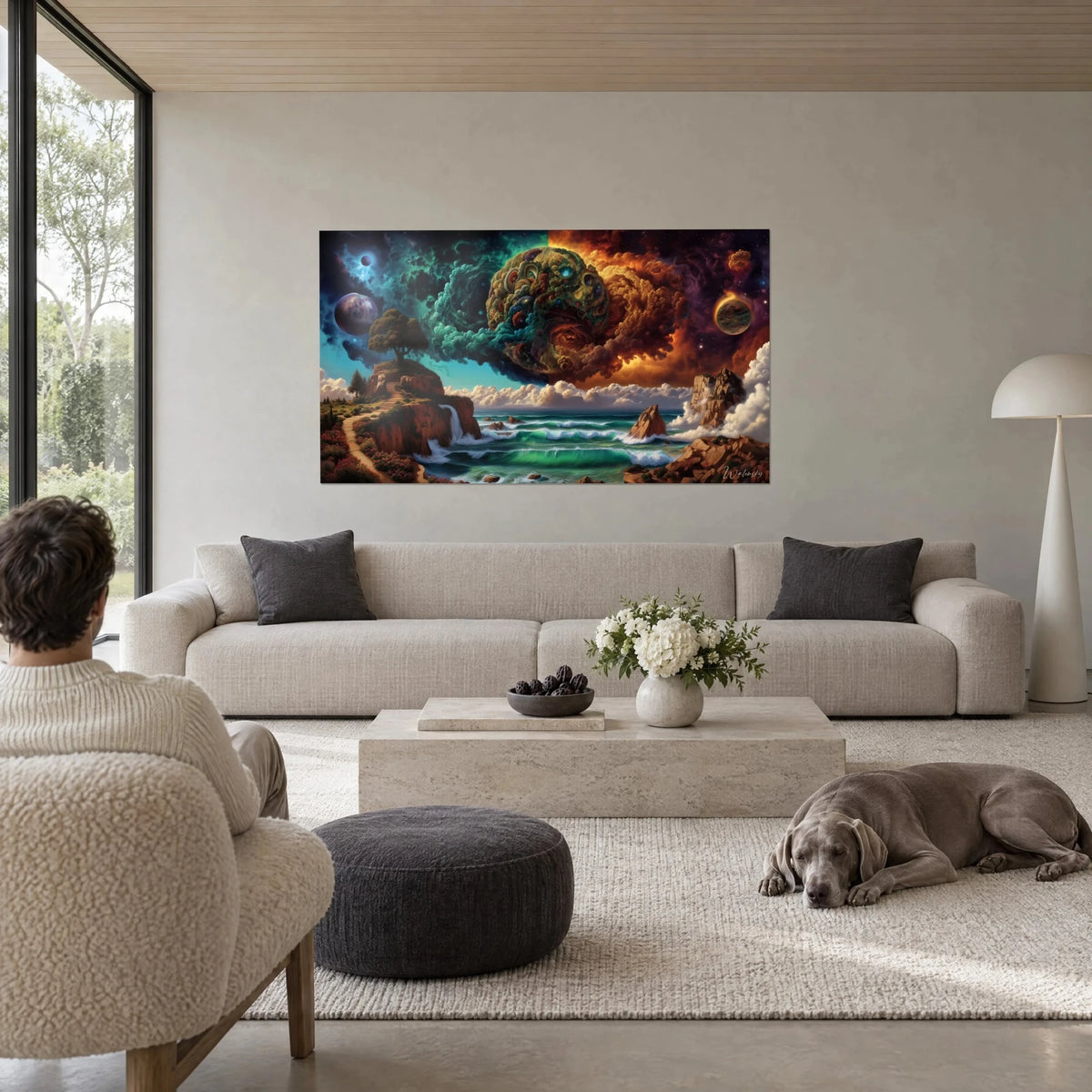 Tableau planète colossale aux yeux sculptés, nuées turquoise et orange sur falaise rouge, au-dessus d'un canapé dans un salon lumineux