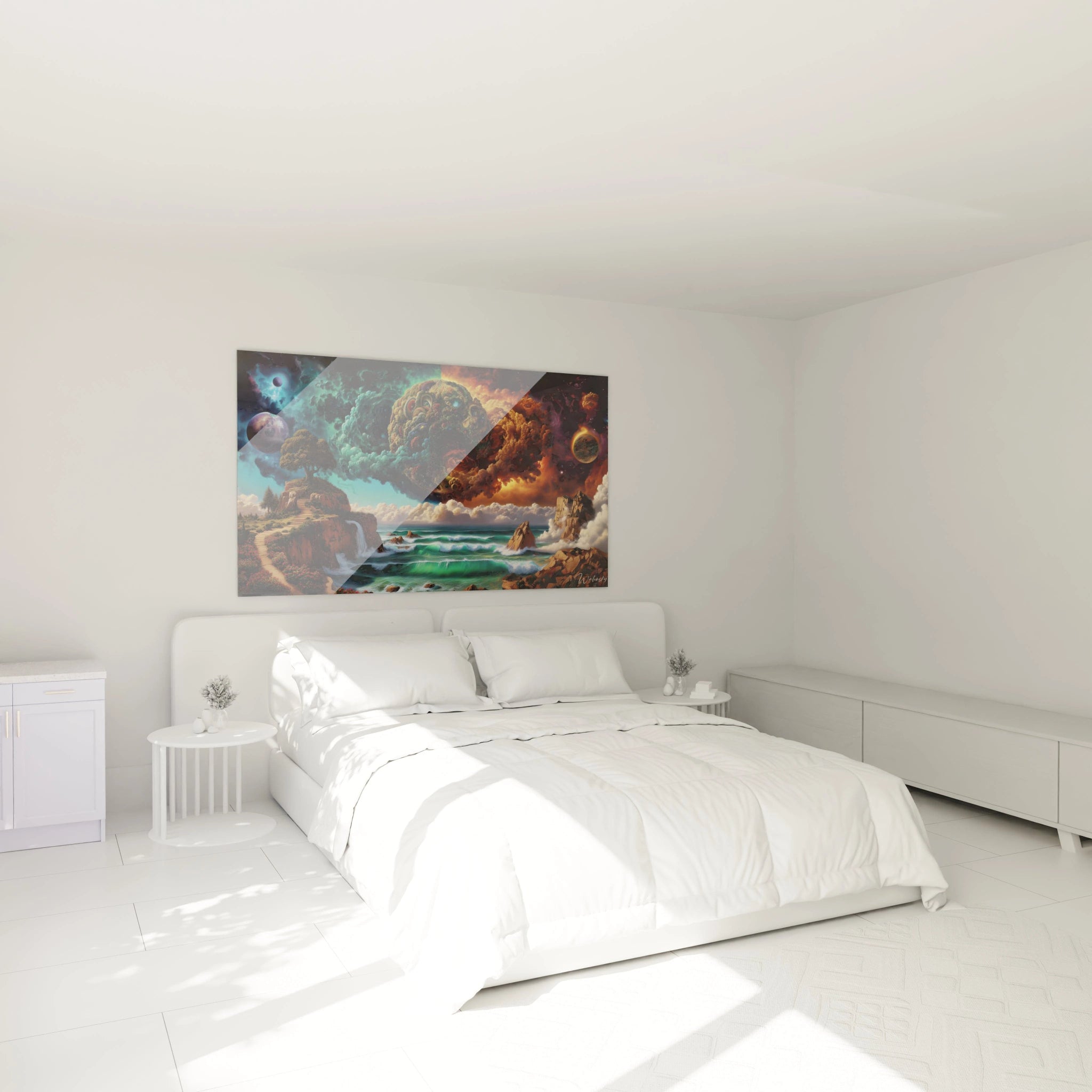 Walensky tableau surréaliste paysage cosmique accroché au dessus d un lit blanc moderne pour décor de chambre