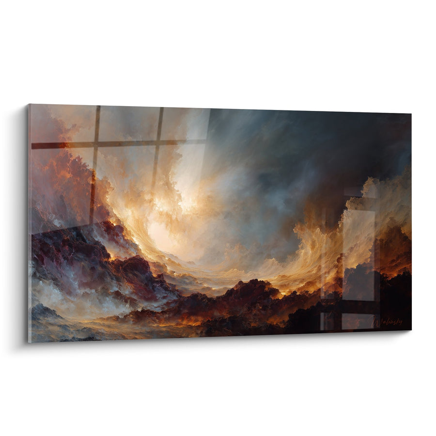 Tableau Paysage Cosmique aux Nuages Dorés et Lumière Incandescente - Souffle Céleste - Edition Feng shui Sud Feu