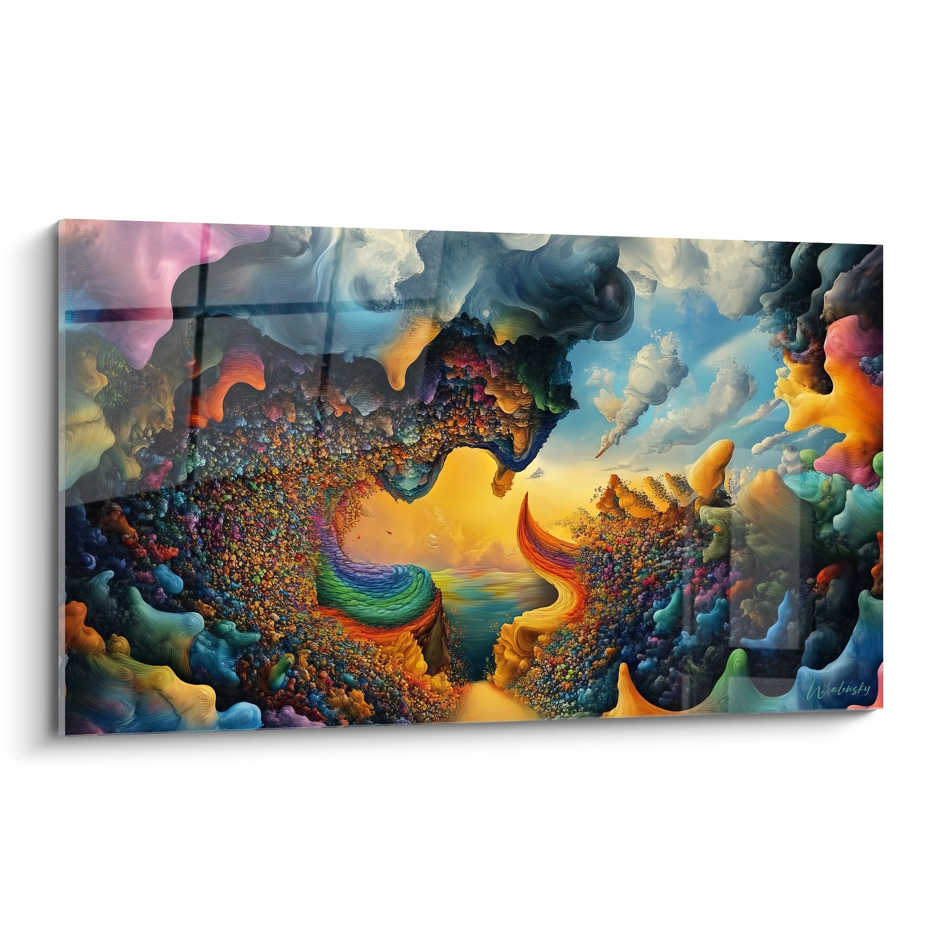 Tableau paysage cosmique surréaliste avec nuages colorés et horizon doré - art abstrait mural moderne