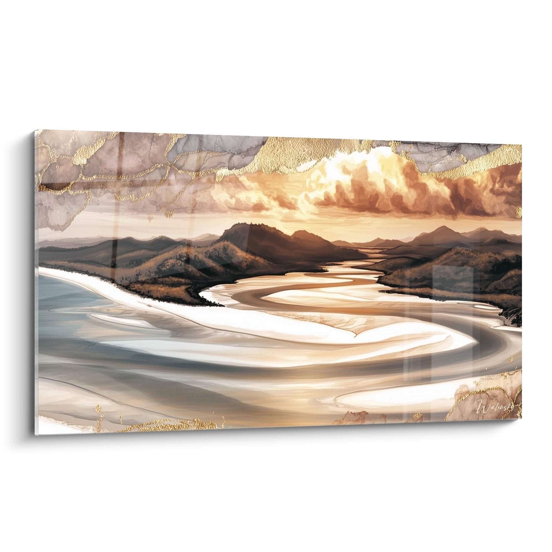 Tableau paysage côtier abstrait aux tons dorés avec montagnes et plage, art mural moderne décoratif