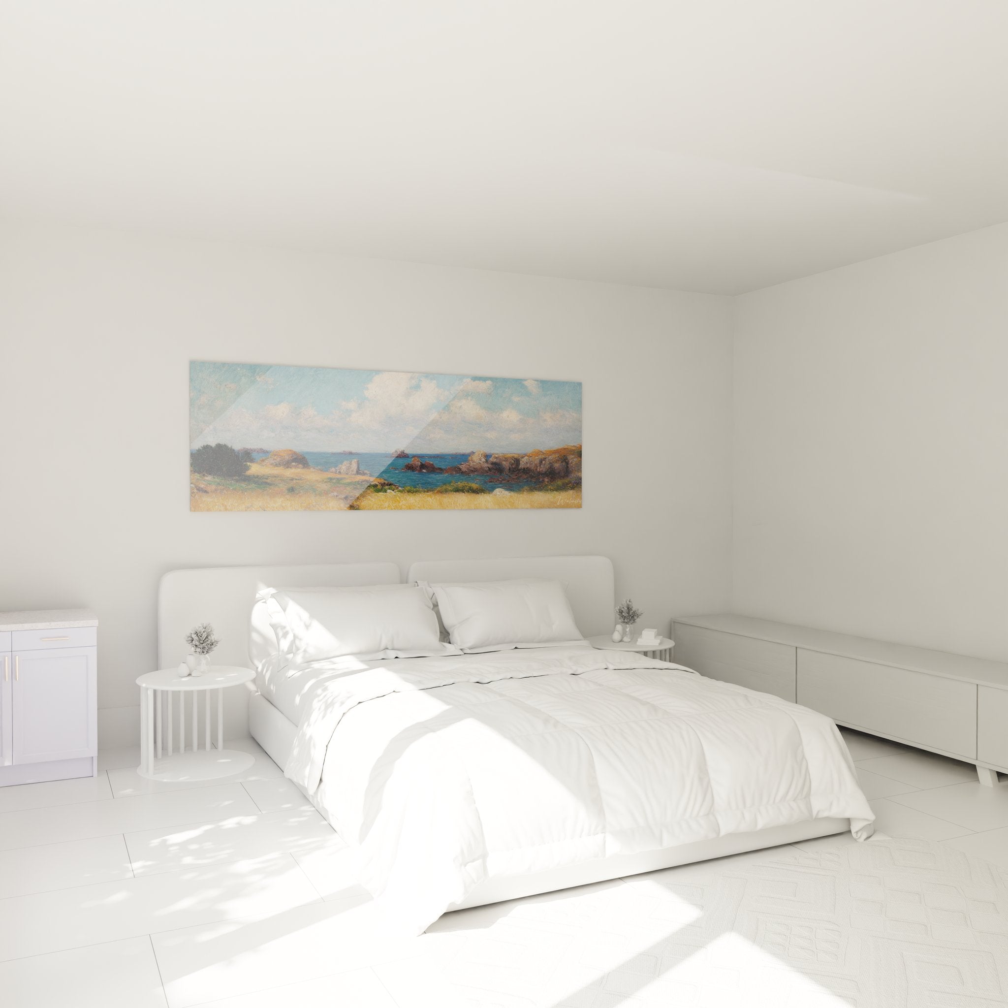 Tableau mural paysage côtier dans chambre moderne, ambiance décorative marine et apaisante
