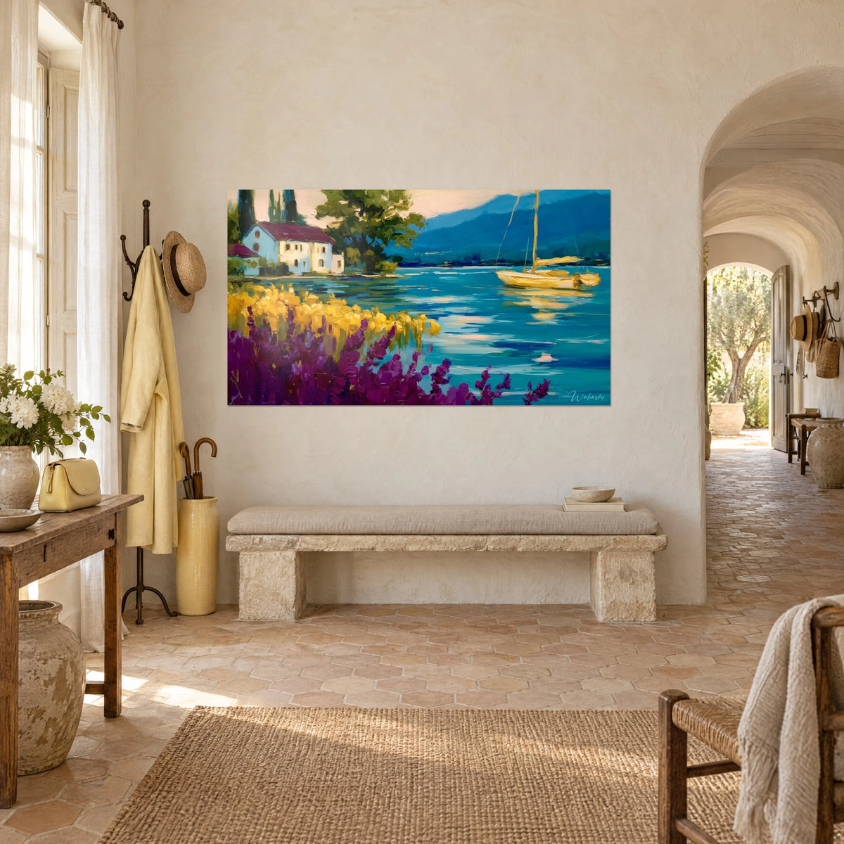 Wall art Provençal farmhouse with cream walls and burgundy roof by the edge of blue water, thick brushstrokes, on the wall of a Provençal farmhouse