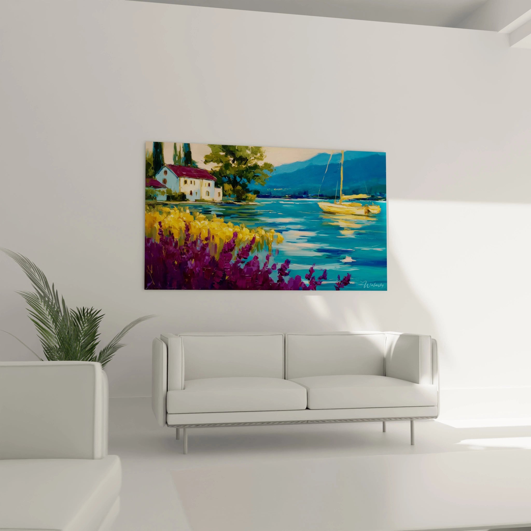tableau impressionniste paysage côtier Walensky accroché au mur du salon avec voilier maison et fleurs colorées