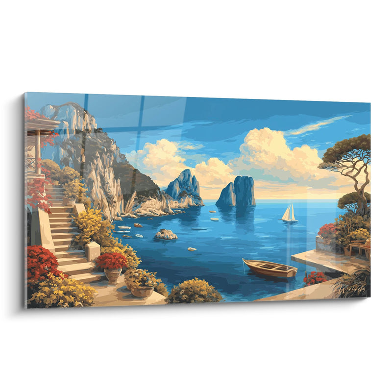 Mediterranean Coastal Landscape Painting - Capri with Blue Rocks - Natural Caves Edition
