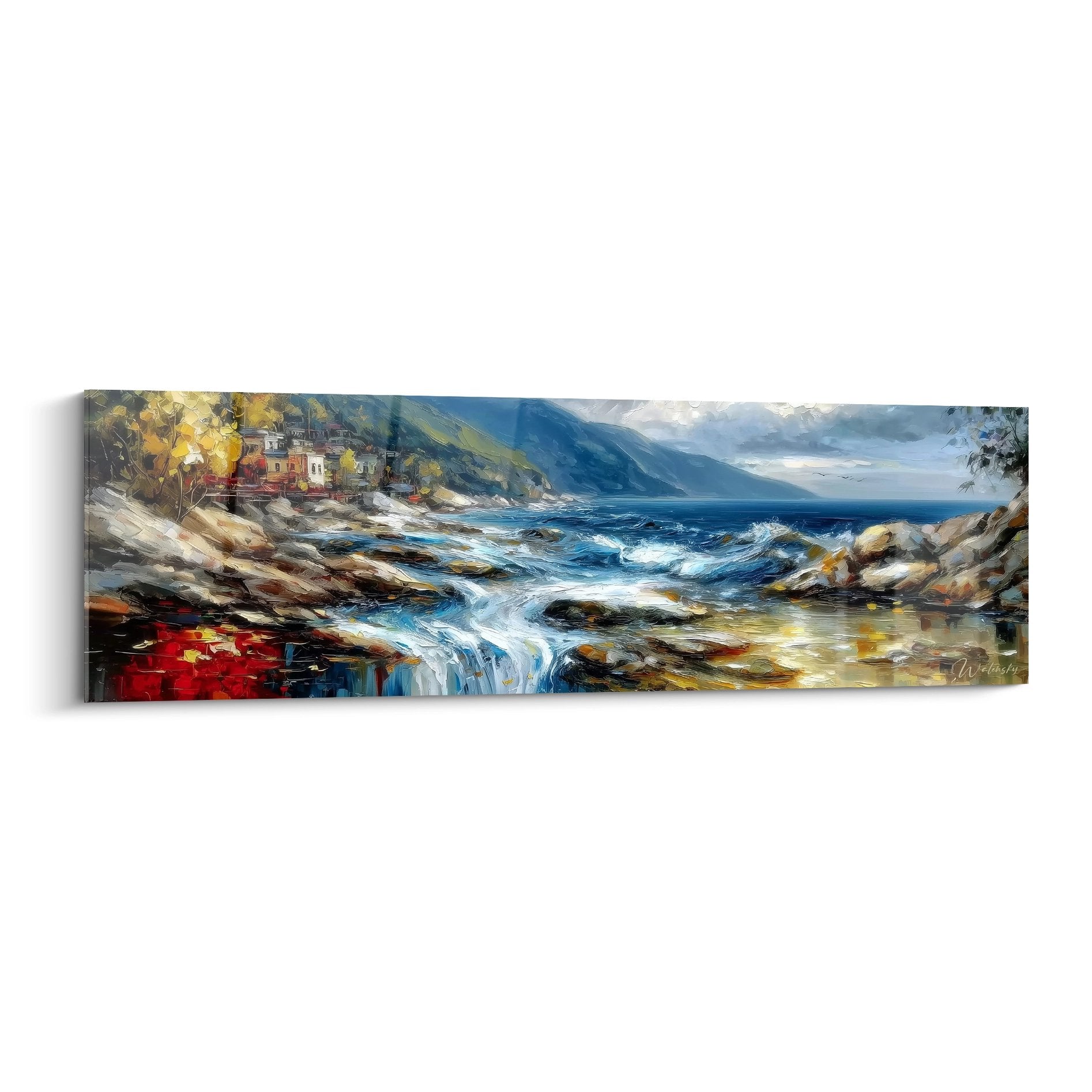 Tableau mural paysage côtier méditerranéen avec village coloré et mer turquoise - art décoratif nature
