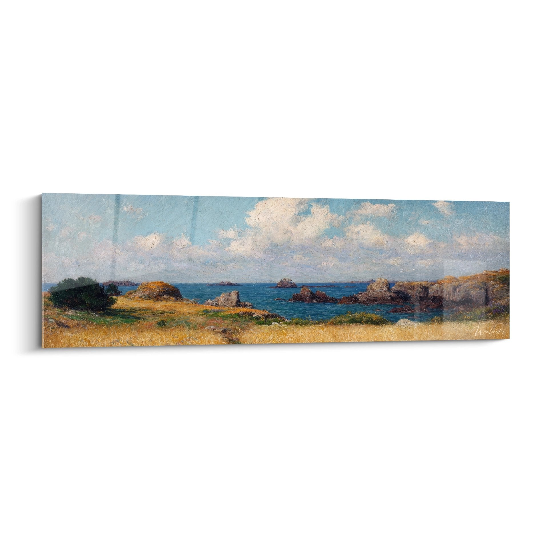 Tableau paysage côtier aux tons dorés avec rochers et mer bleue, style méditerranéen pour décoration murale