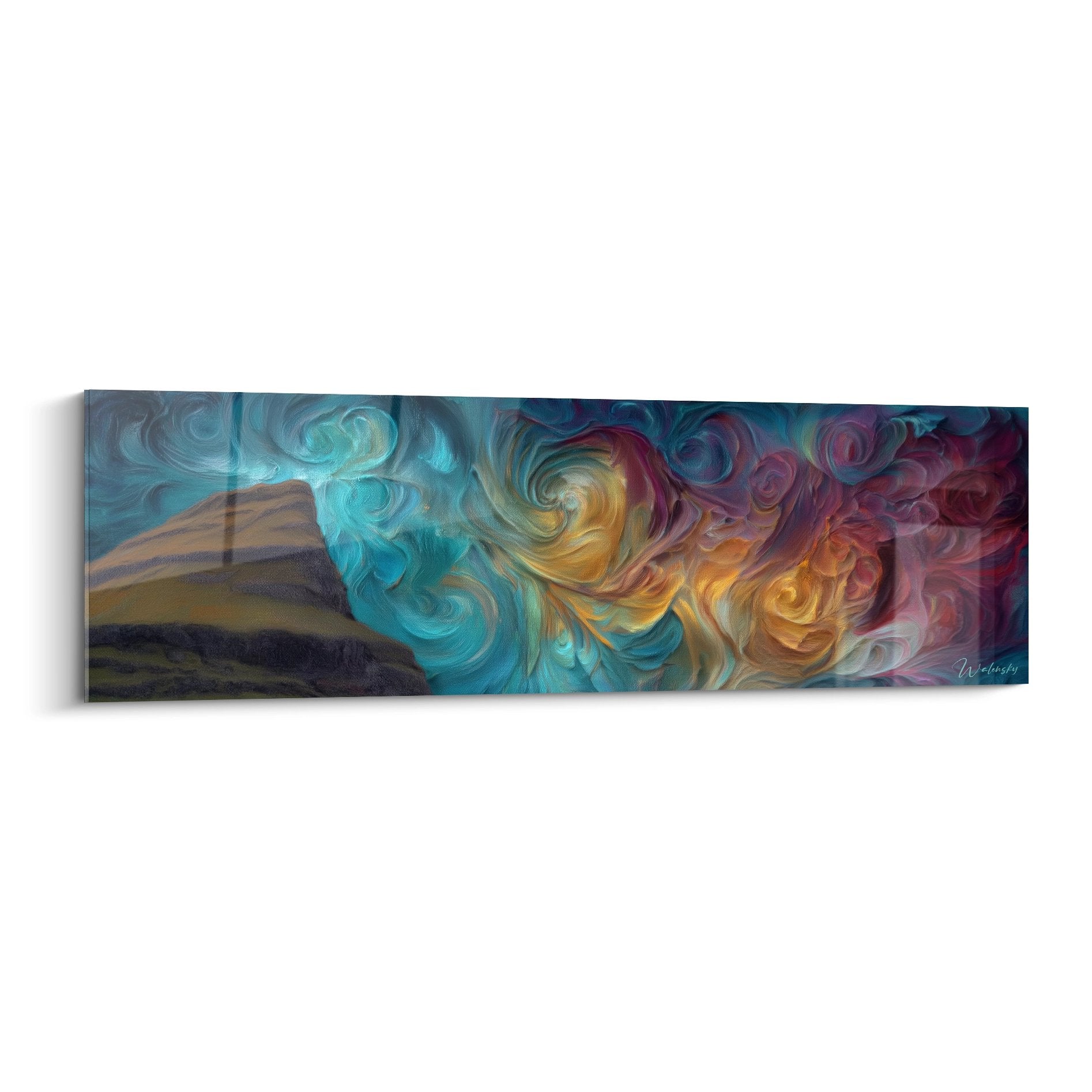 Tableau mural paysage côtier avec tempête céleste multicolore au-dessus d'un archipel rocheux, art moderne décoratif