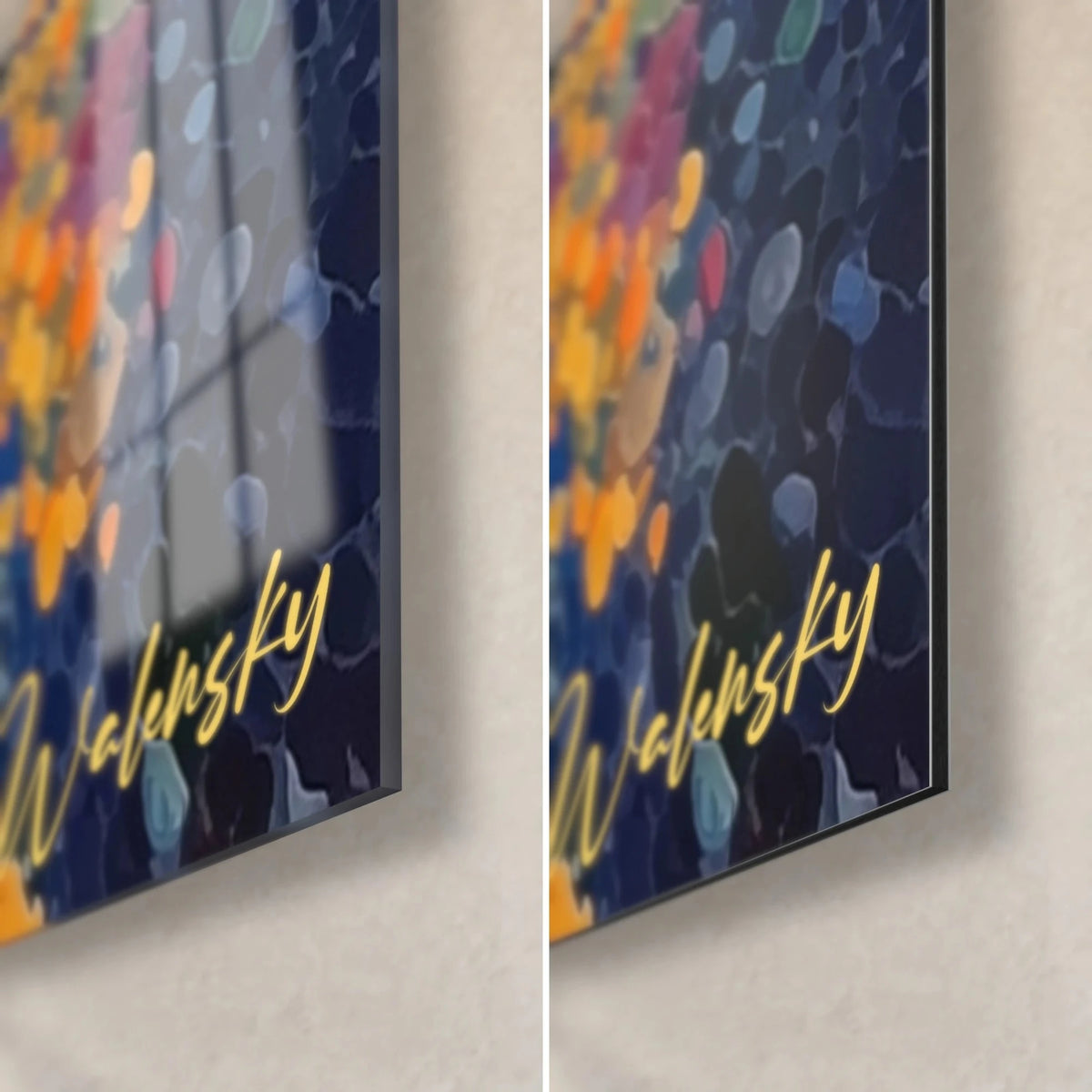Wall art pointillist sunset, bottom right corner: midnight blue and gold dots, glossy glass on the left, matte Dibond on the right, 3 mm edge