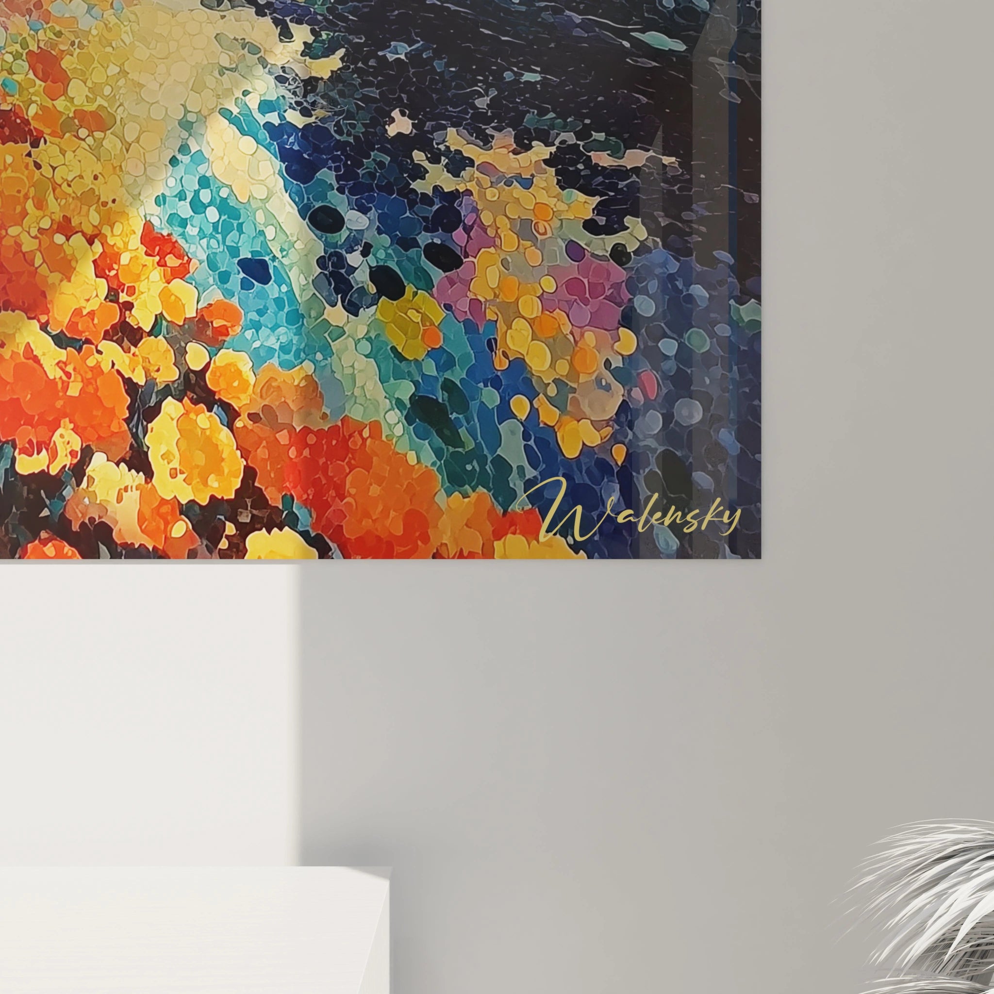 Tableau mural Walensky tableau paysage couchant pointillisme aux couleurs vives et texture pointillée signé pour salon moderne