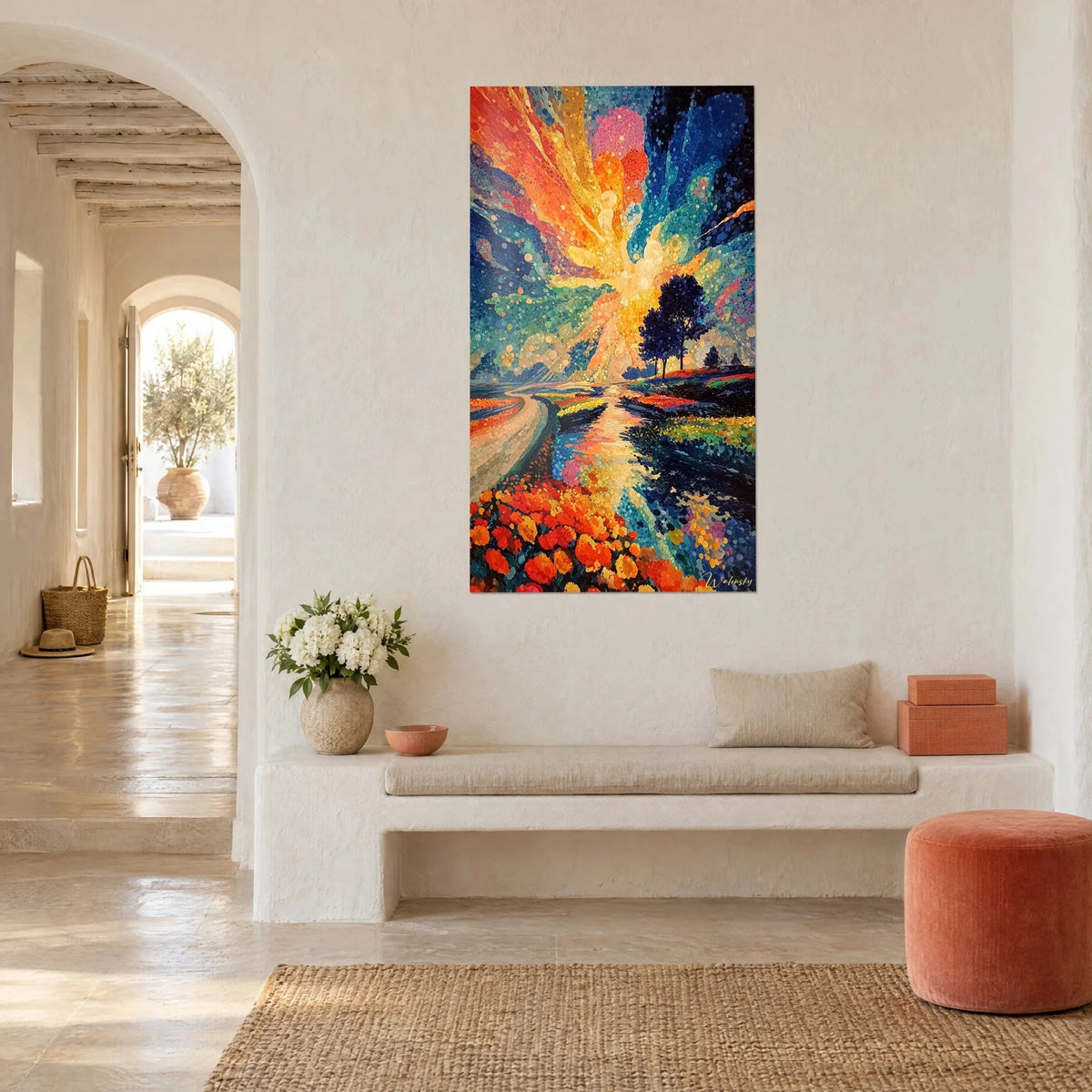 Wall art blazing sky with orange, yellow and turquoise dots, dark trees over a mirror-like river, whitewashed Mediterranean wall