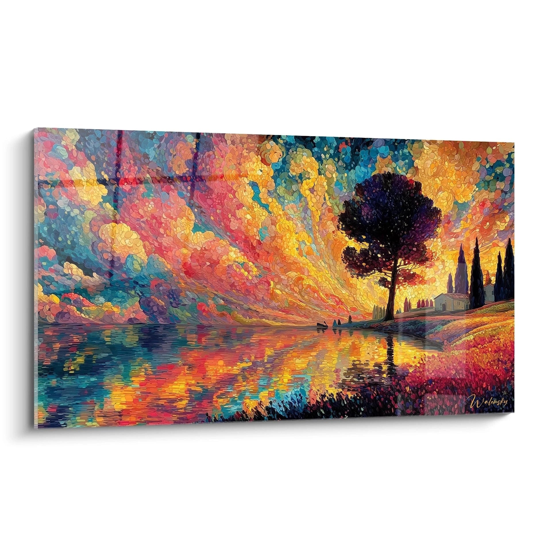 Walensky tableau pointillisme paysage crépuscule avec grand arbre silhouetté et reflet coloré sur lac