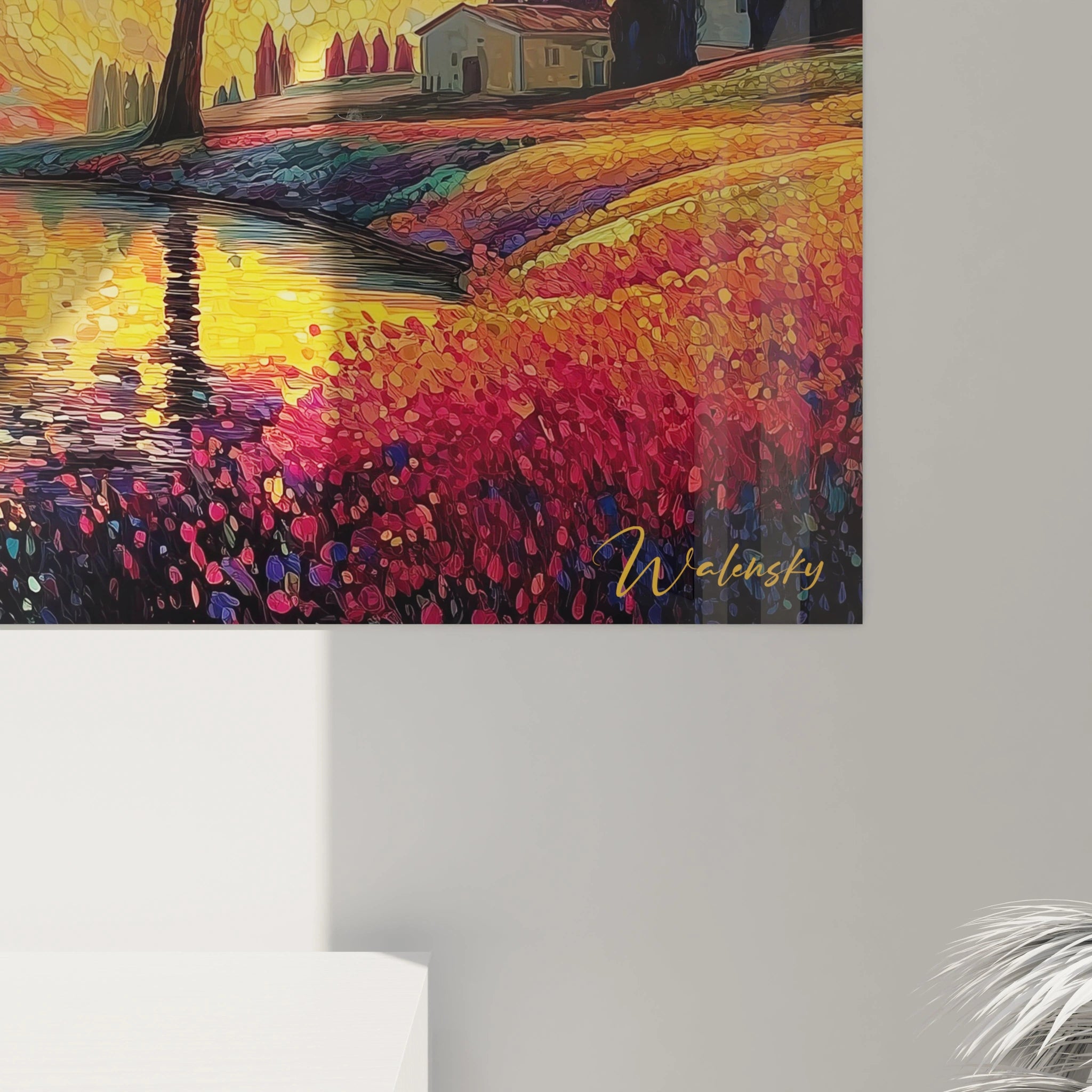 Tableau pointillisme paysage crépuscule mural rouge et noir signé Walensky sur mur gris clair