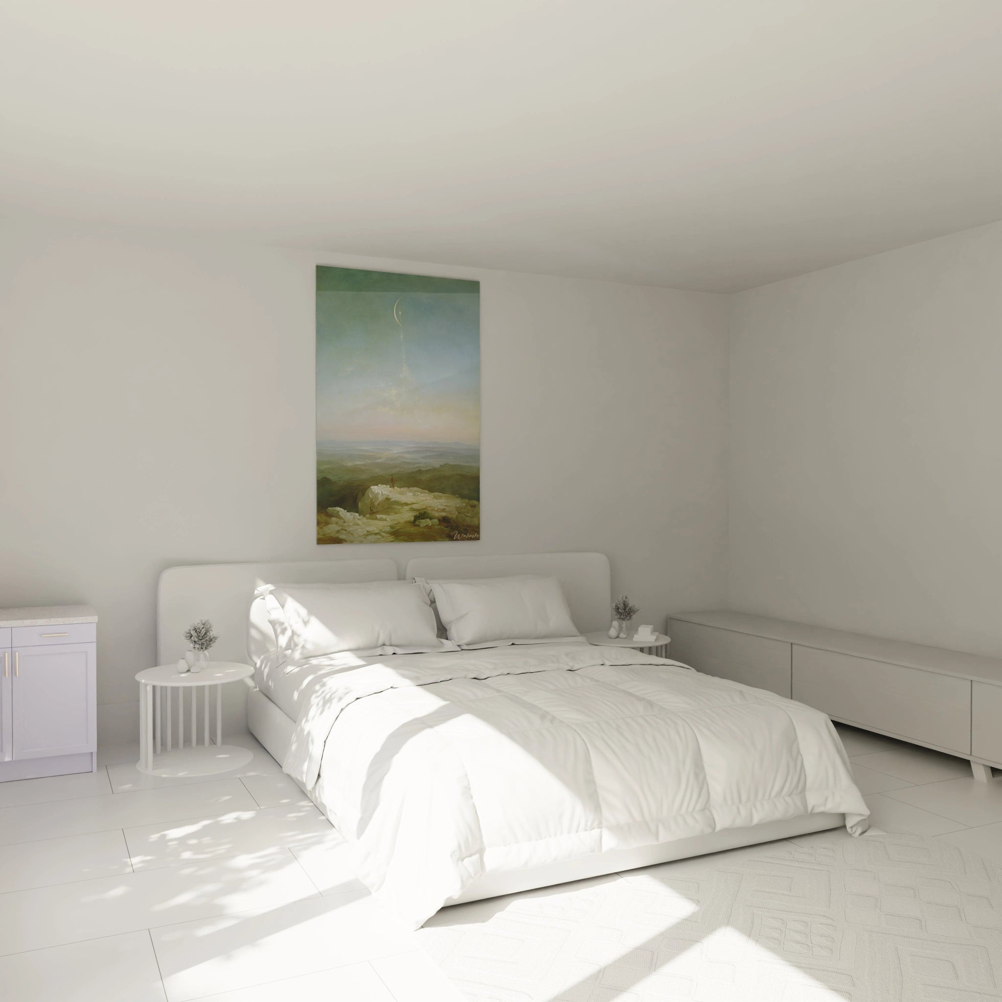 Walensky tableau paysage romantique accroche au dessus d un lit blanc dans une chambre minimaliste et lumineuse