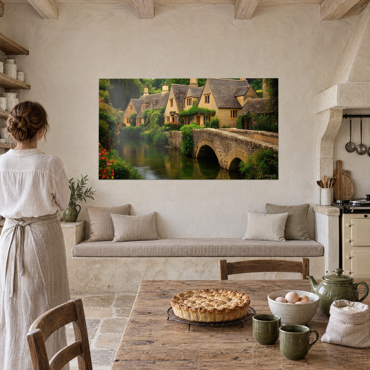 Wall art row of ochre cottages with mullioned windows, vivid green ivy and a calm river, in a kitchen of light stone
