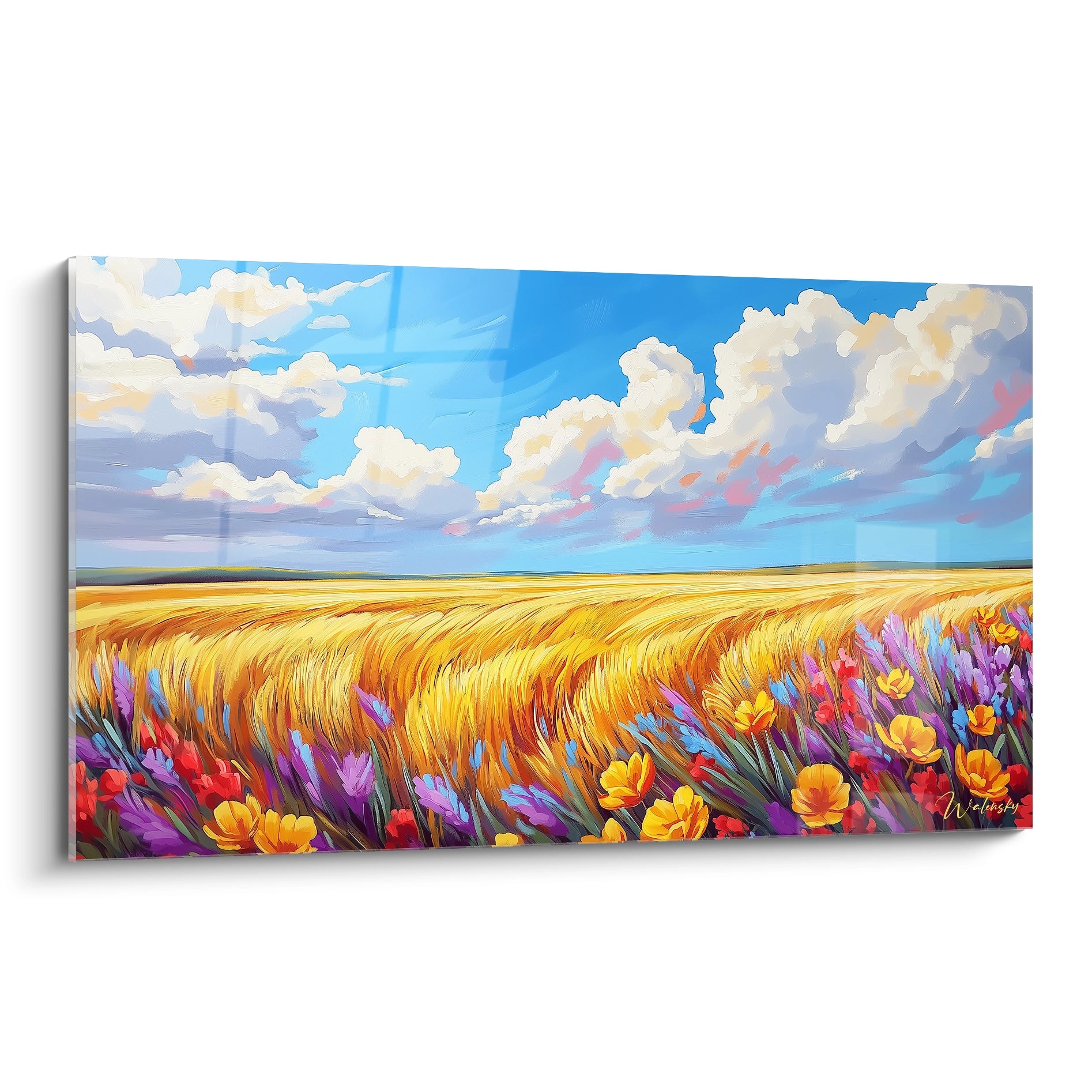 Un tableau représentant un vaste champ de blé doré sous un ciel bleu éclatant parsemé de nuages blancs, bordé de fleurs sauvages colorées en violet, rouge et jaune au premier plan.
