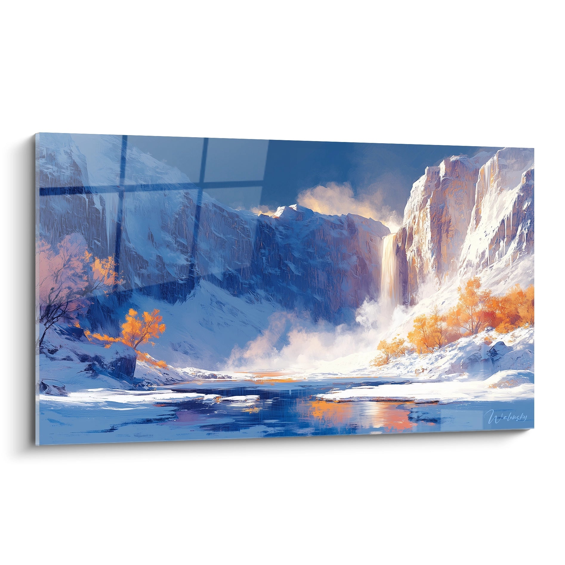 Un tableau montagne cascade présentant une scène alpine avec des parois rocheuses bleu gris, une cascade centrale dorée par la lumière, un lac calme au premier plan et des arbres aux feuillages orange rouge sur fond de neige blanche.
