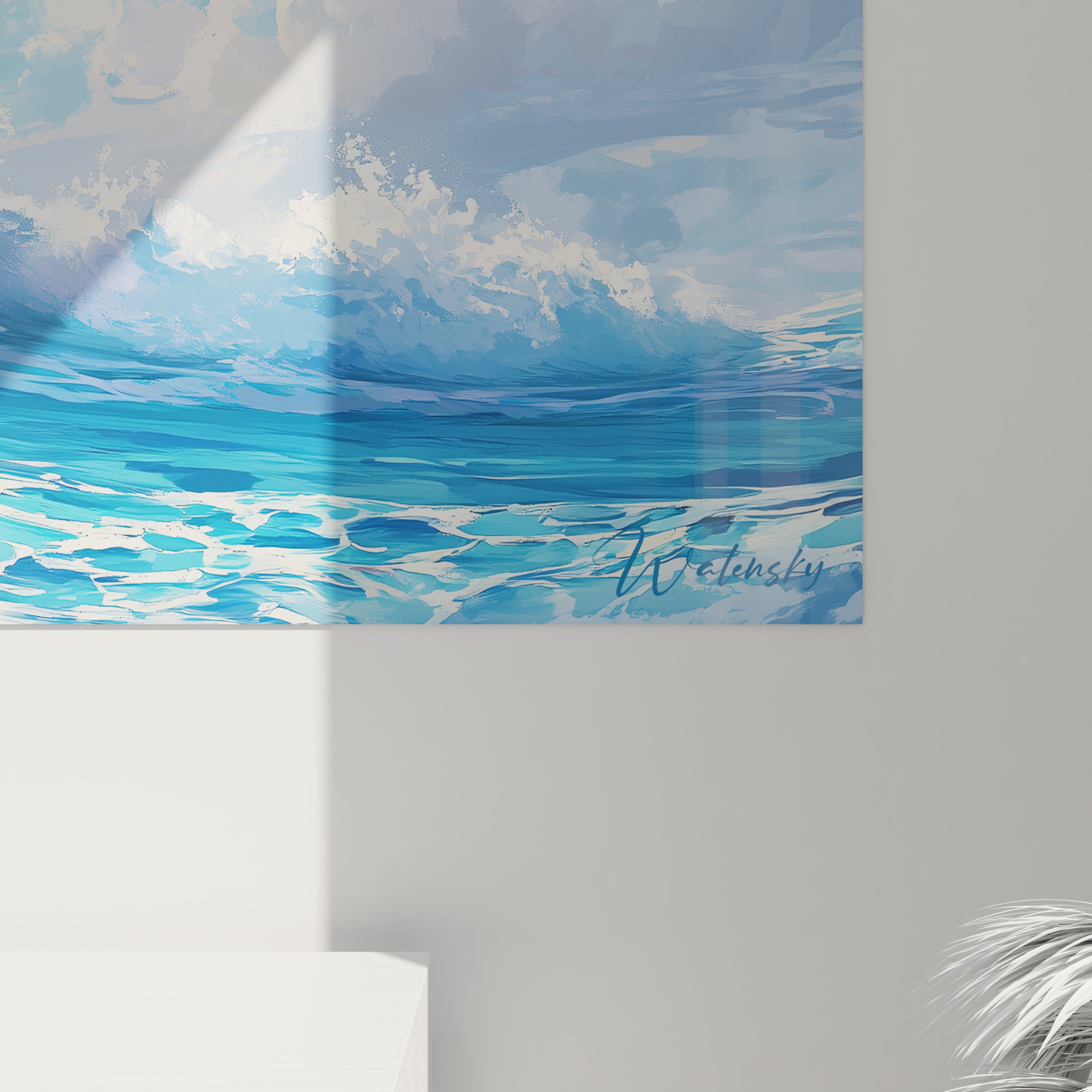 Un tableau mer présentant une large vague aux teintes bleu turquoise en plein mouvement, avec sa crête couronnée d'écume blanche, se détachant sur un ciel azure lumineux, créant une atmosphère immersive de puissance naturelle.
