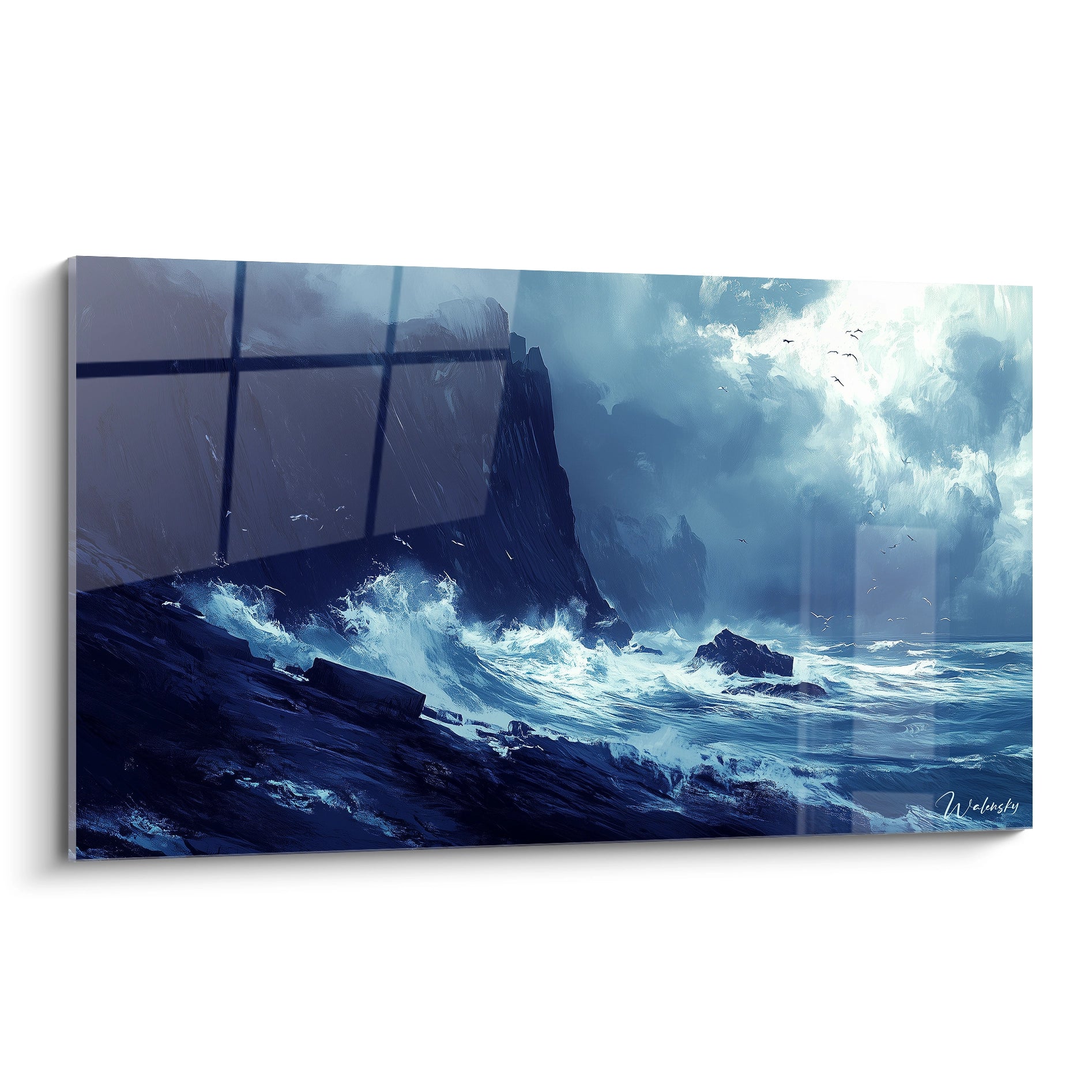 Un tableau mer dramatique montrant des vagues déferlantes s'écrasant contre des falaises escarpées dans une palette dominée par différentes nuances de bleu, avec des éclaboussures d'écume blanche et une percée de lumière céleste créant des contrastes saisissants.
