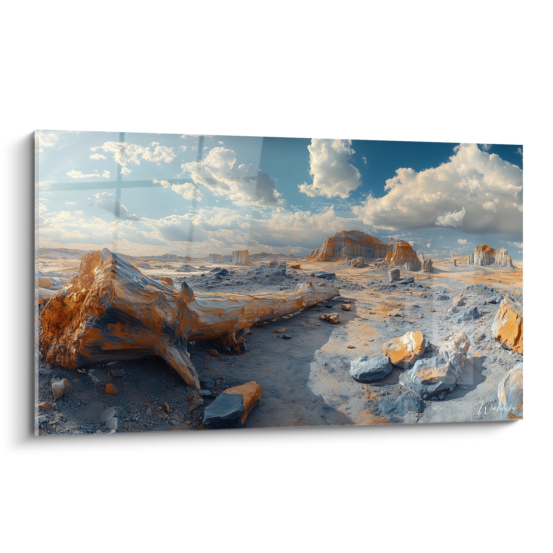 Tableau désert représentant des formations rocheuses orangées massives sous un ciel bleu nuageux avec des mesas à l'horizon et des rochers détaillés au premier plan
