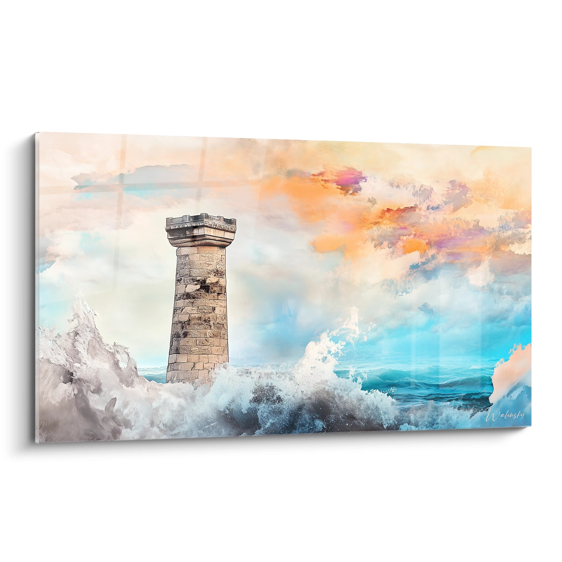 Un tableau artistique représentant un phare de pierre battu par les vagues, avec un ciel pastel aux teintes orangées et bleues, et une mer turquoise écumante qui s'écrase contre la structure.
