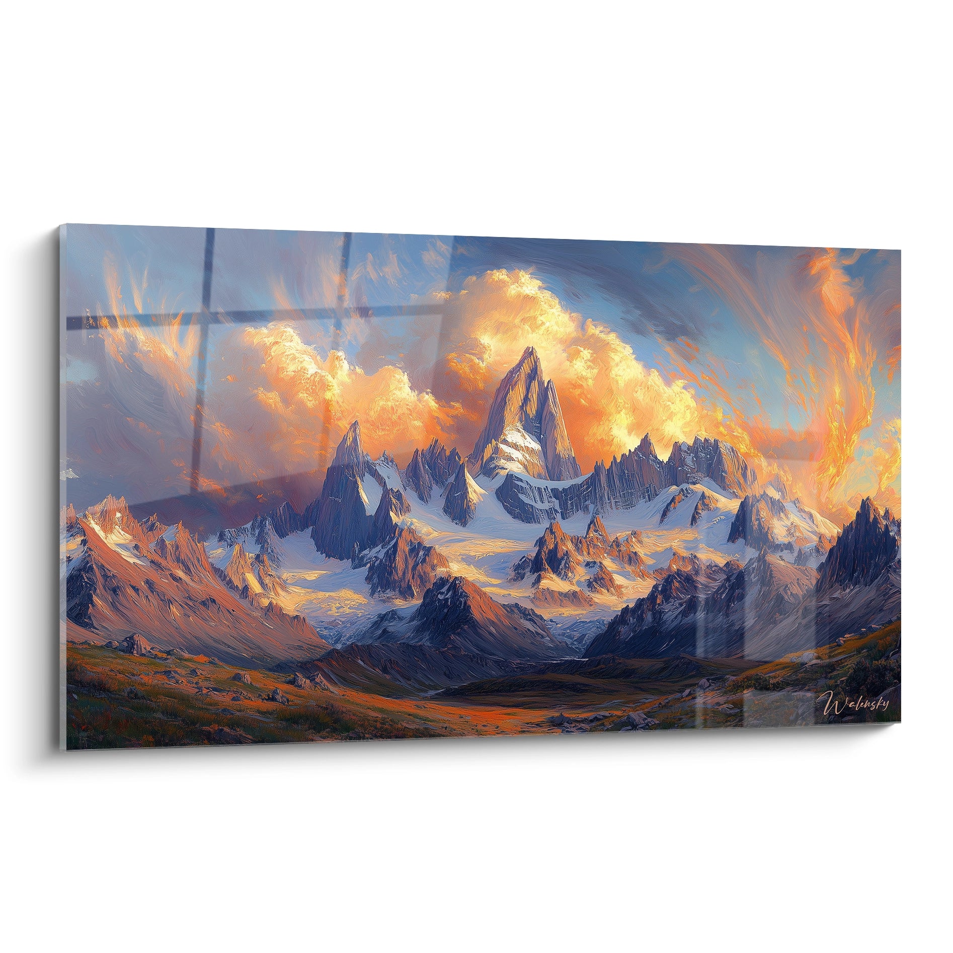 Tableau montagne présentant un massif alpin spectaculaire avec des sommets enneigés baignés dans une lumière dorée et orange, sur fond de ciel bleu intense avec des nuages lumineux et des textures rocheuses détaillées.
