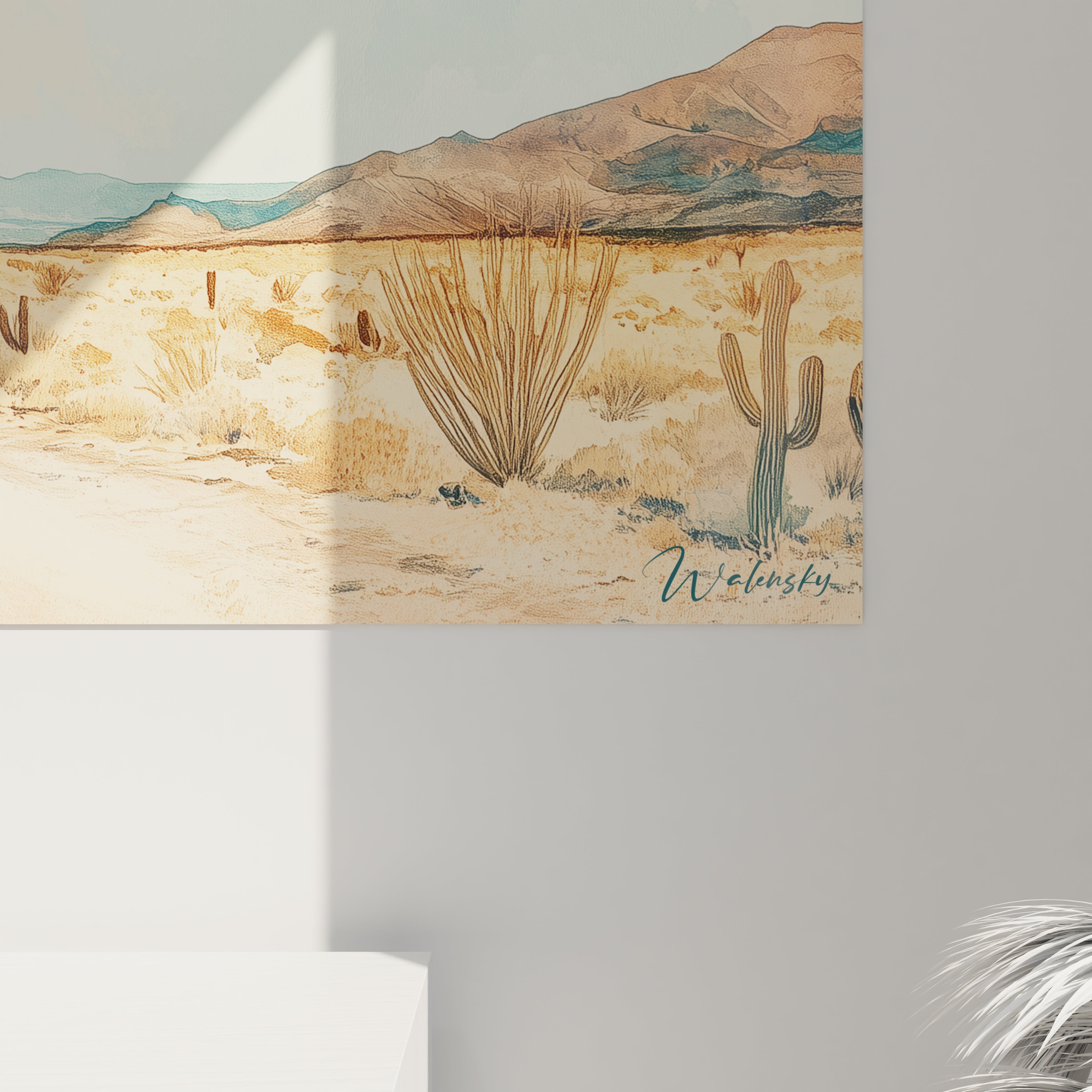 Un tableau désert américain représentant une route beige clair traversant un paysage aride aux tons chauds, ponctué de cactus verts, menant vers des montagnes aux nuances bleues et violettes sous un ciel aux teintes douces.
