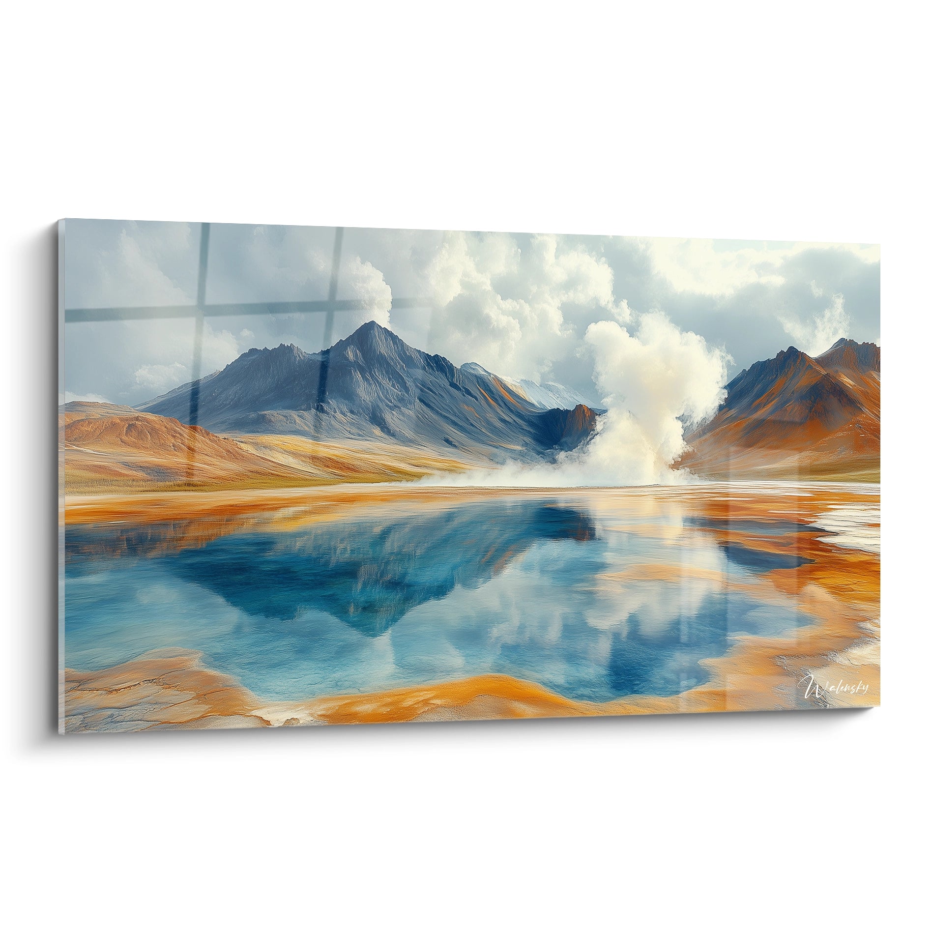 Un tableau montagne représentant un paysage géothermal avec un lac bleu-cyan central, des formations montagneuses grises et des terrains ocres aux textures minérales distinctes.

